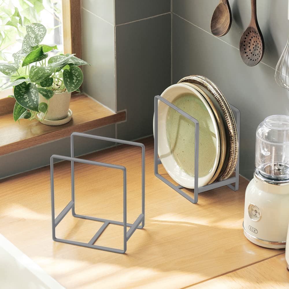 Mingfanity 2Pcs Plate Holders Organizer, Metal Dish Storage Dying Display Rack For Cabinet, Counter And Cupboard, Grey, Small