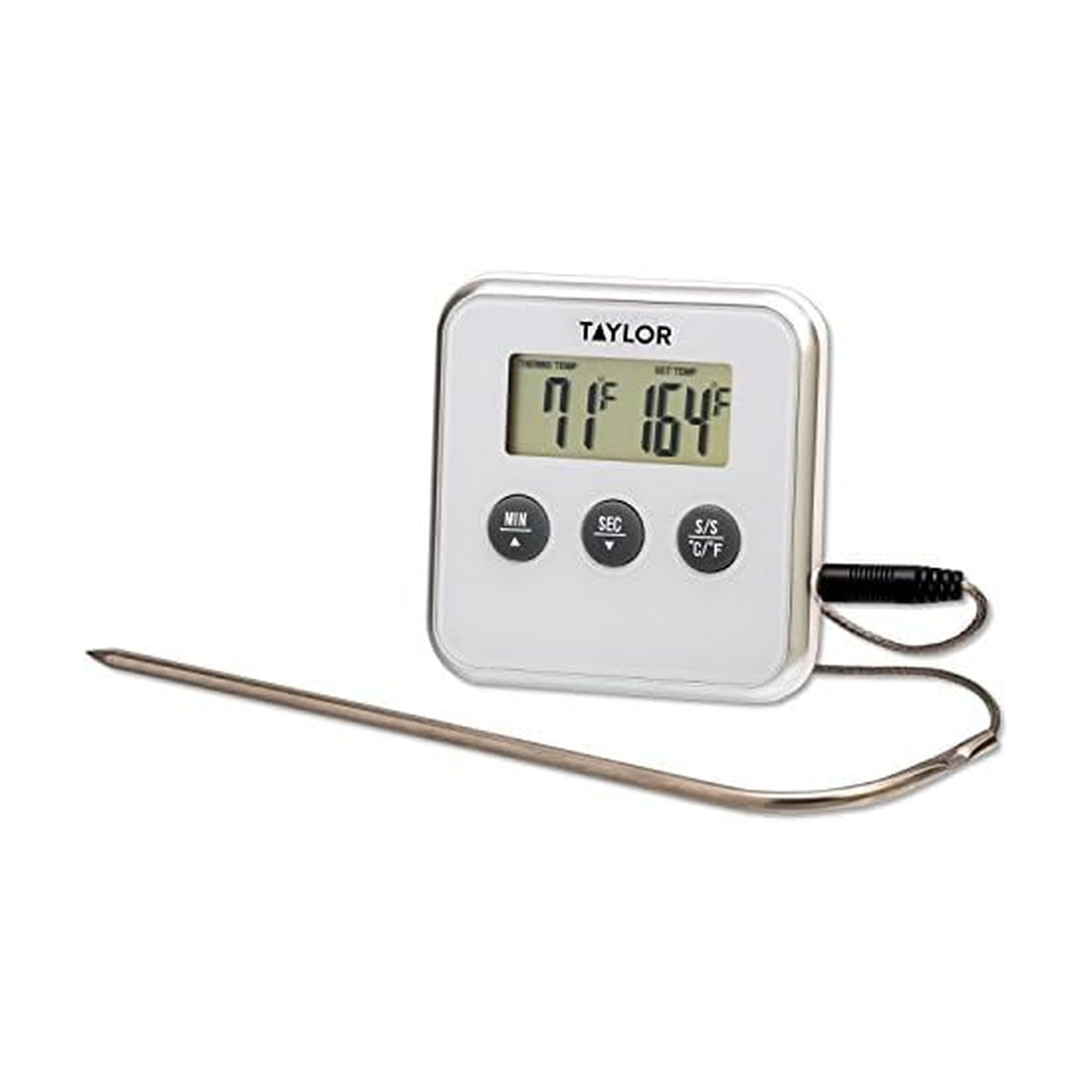 Taylor Programmable Instant Read Wired Probe Digital Meat Food Grill BBQ Cooking Kitchen Thermometer with Alarm, White