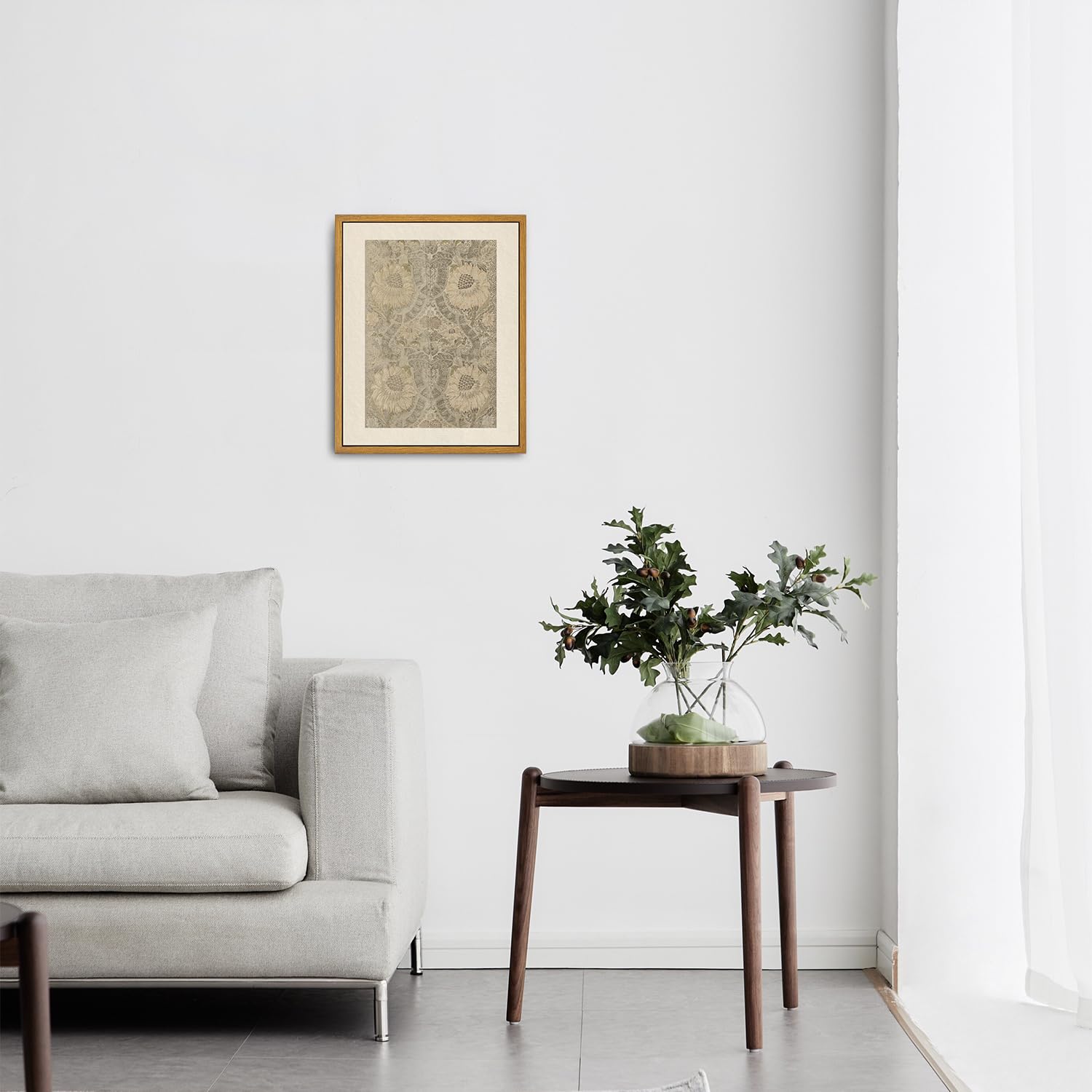 Roslynity Framed Canvas Wall Art Vintage Print Paintings Neutral Tapestry Textile Antique Peonies Leaves Pattern Silk Silver Bro