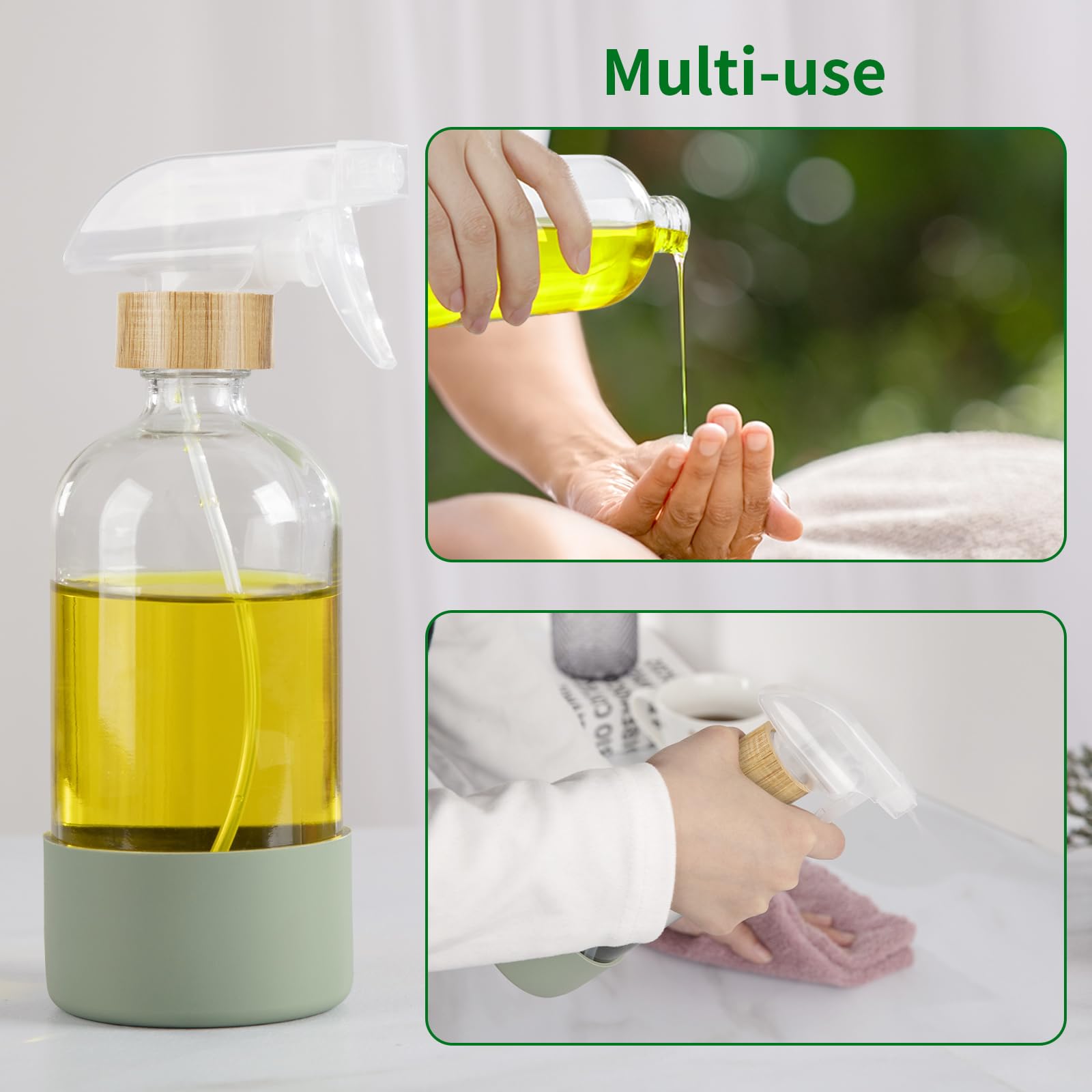 Hombys Empty Bamboo Glass Spray Bottles With Silicone Sleeve Protection - Refillable 17 Oz Clear Glass Containers For Cleaning S