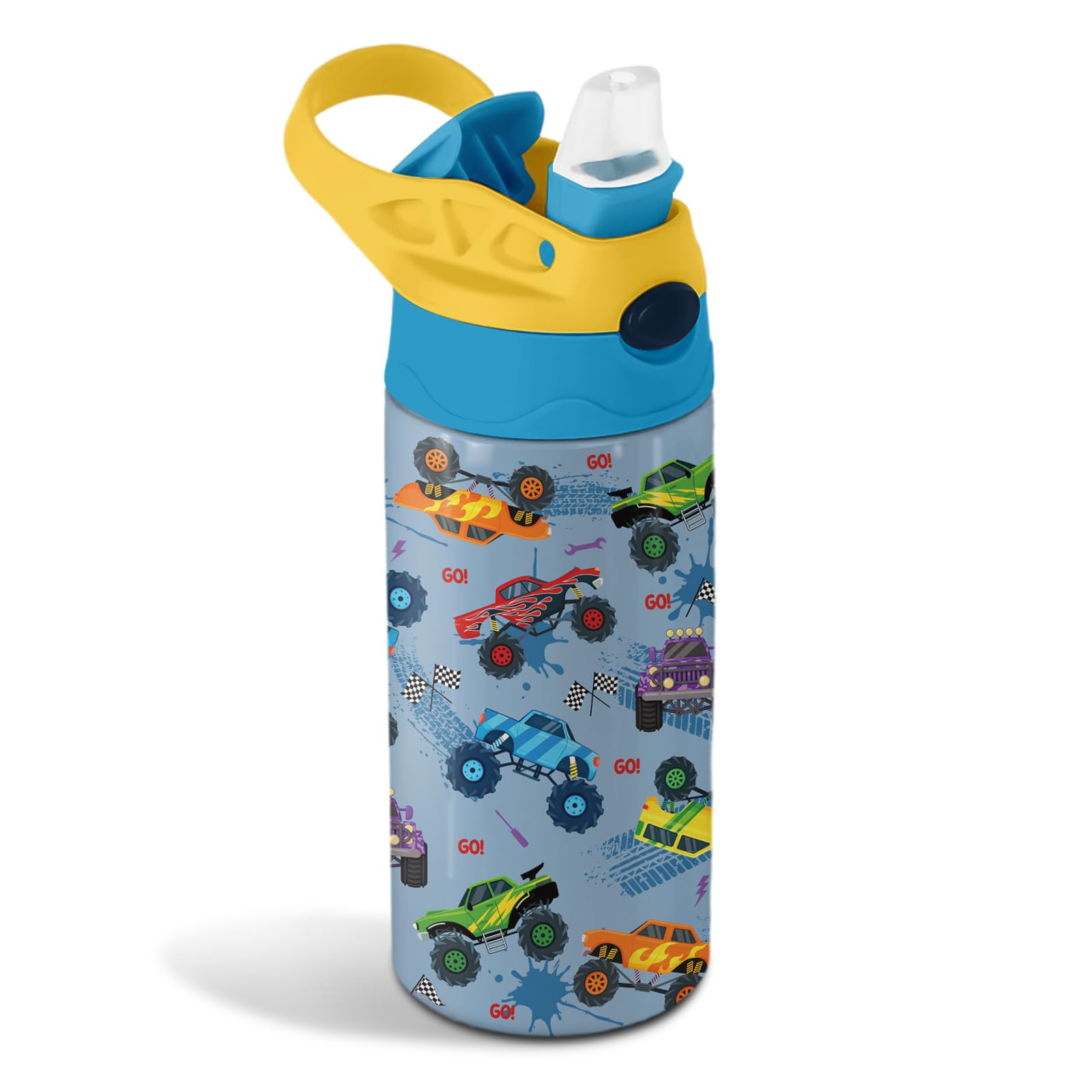 12 oz Monster Truck Kids Water Bottle, Cool Cars Water Bottle for School, Kids Insulated Bottles with Straw & Handle, LeakProof