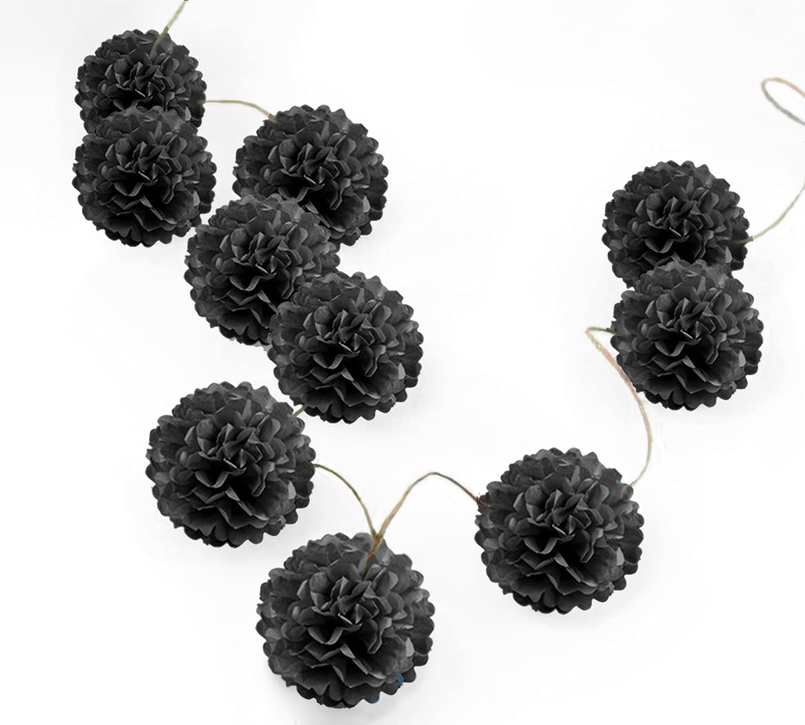 Pack Of 10 Tissue Paper Flower Ball Pom Pom Party Decoration Indoor Outdoor 6'' 8'' 10'' 12'' 14'' (Black, 12'')