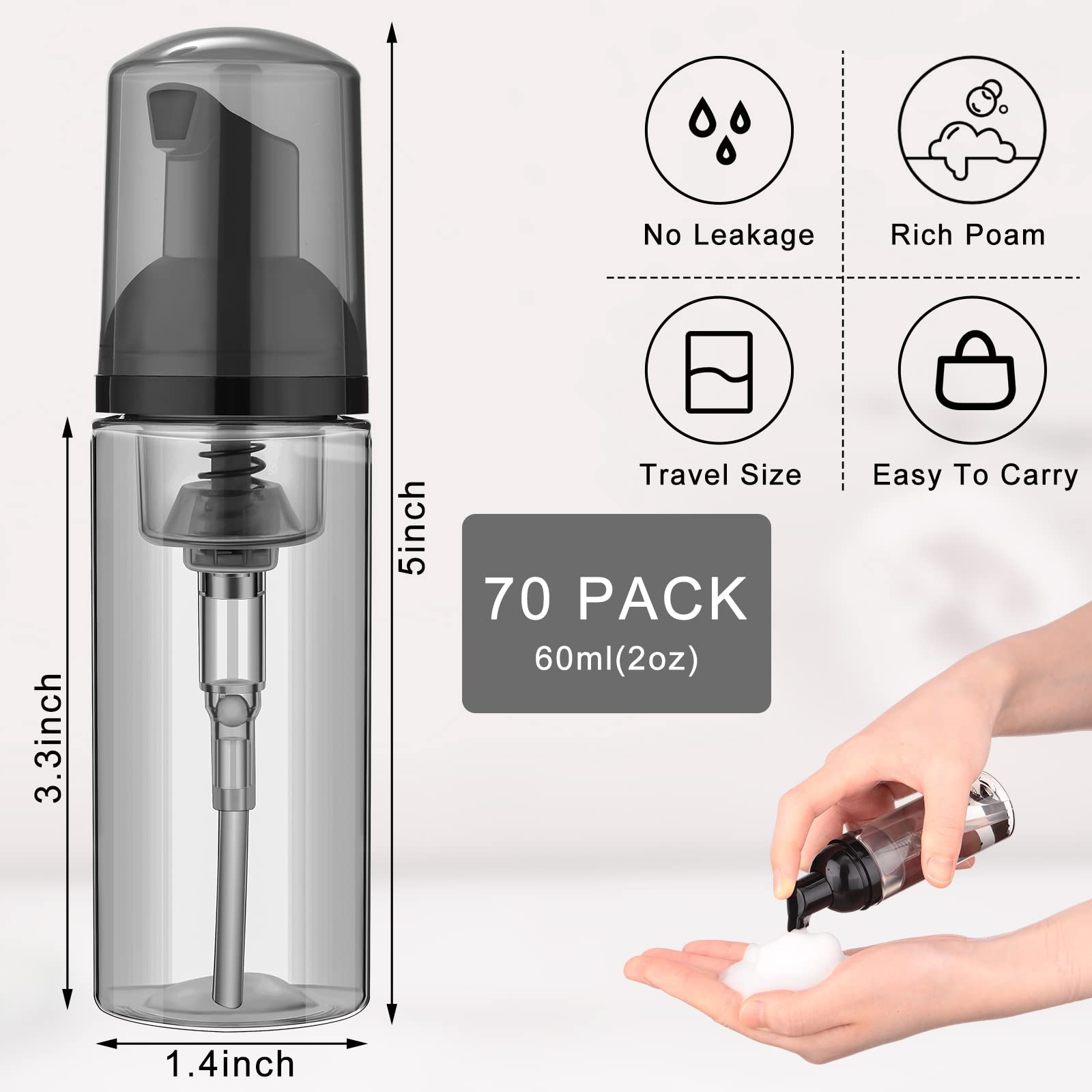 70 Pcs 2 Oz Plastic Foam Soap Dispensers Refillable Lash Shampoo Bottles With Pump Mini Eyelash Cleaning Foam Bottle Dispenser F
