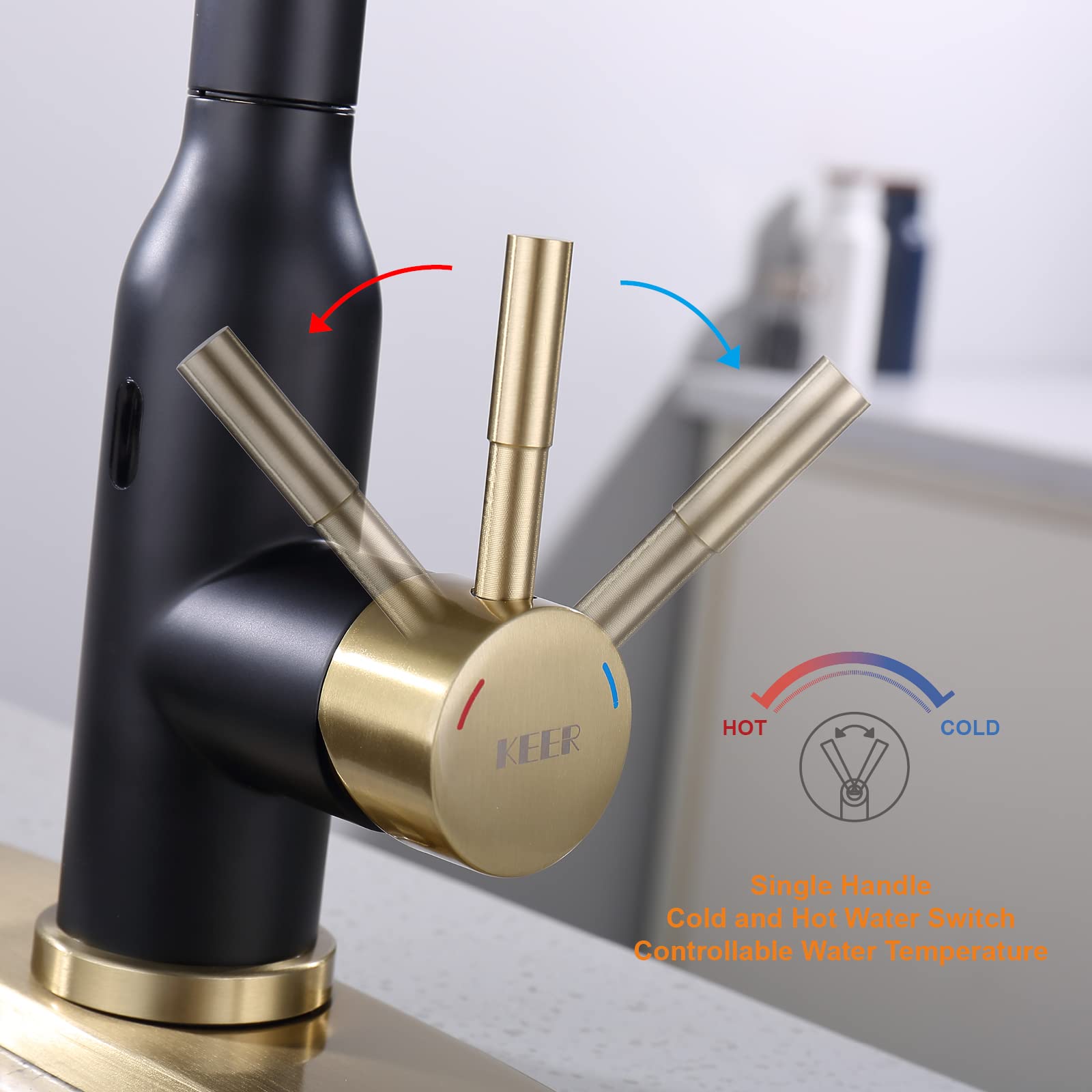 Touchless Kitchen Faucet , Keer Smart Motion Sensor Hands Free Single Handle Spring Kitchen Sink Faucet With Pull Down Sprayer,M