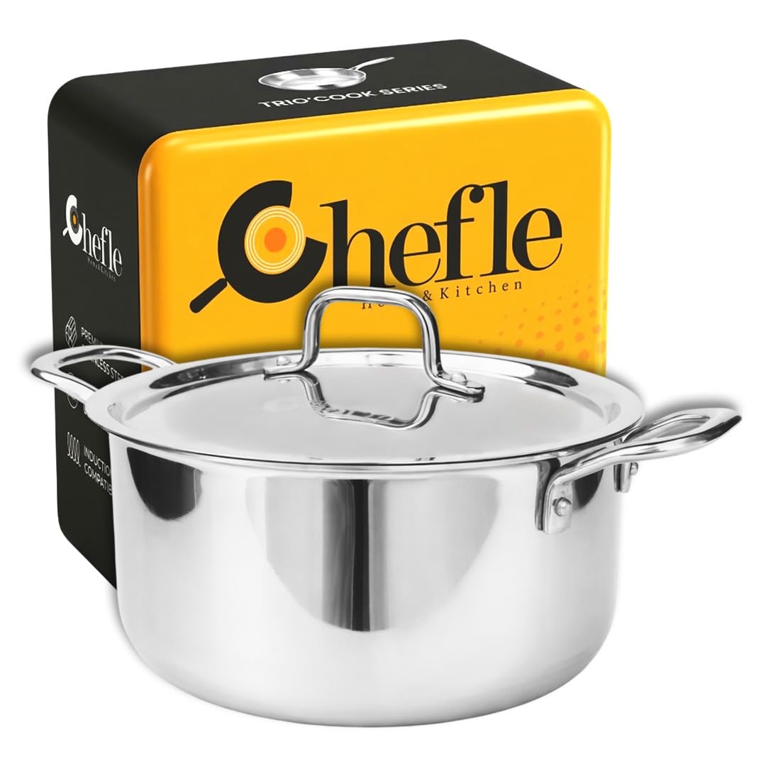 Chefle TrioCook Triply Stainless Steel Saucepot | Casserole | Biryani Handi With Lid (24Cm | 5.5Liter)