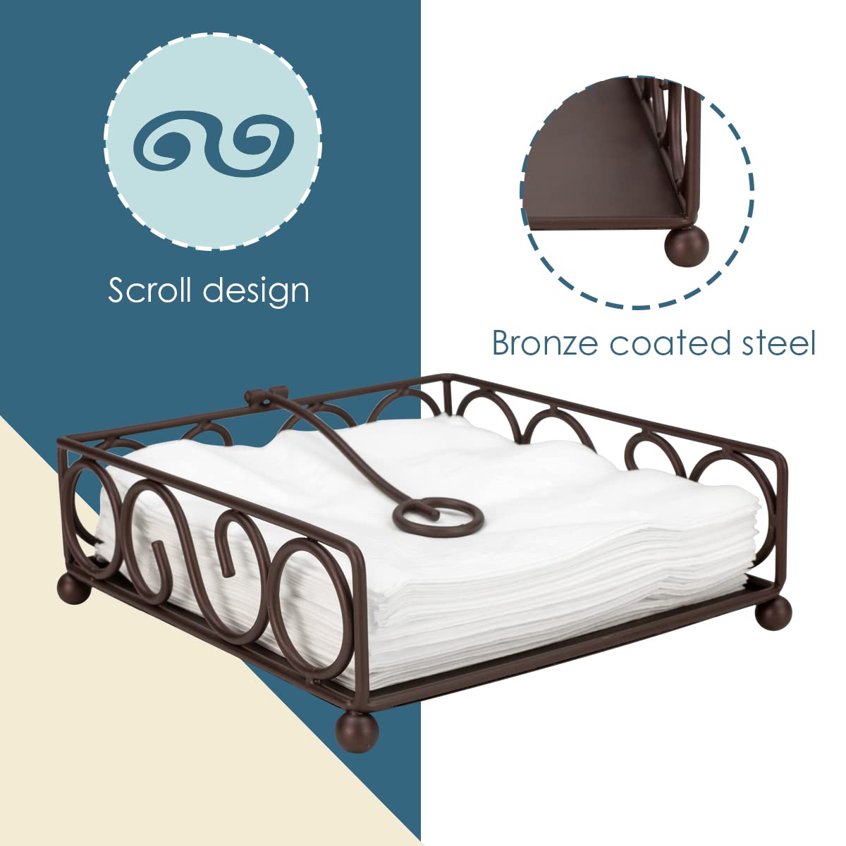 Napkin Holder For Table, By Home Basics (Bronze) | Napkin Holders For Kitchen | Scroll Design Table Napkin Holder With Stopper M