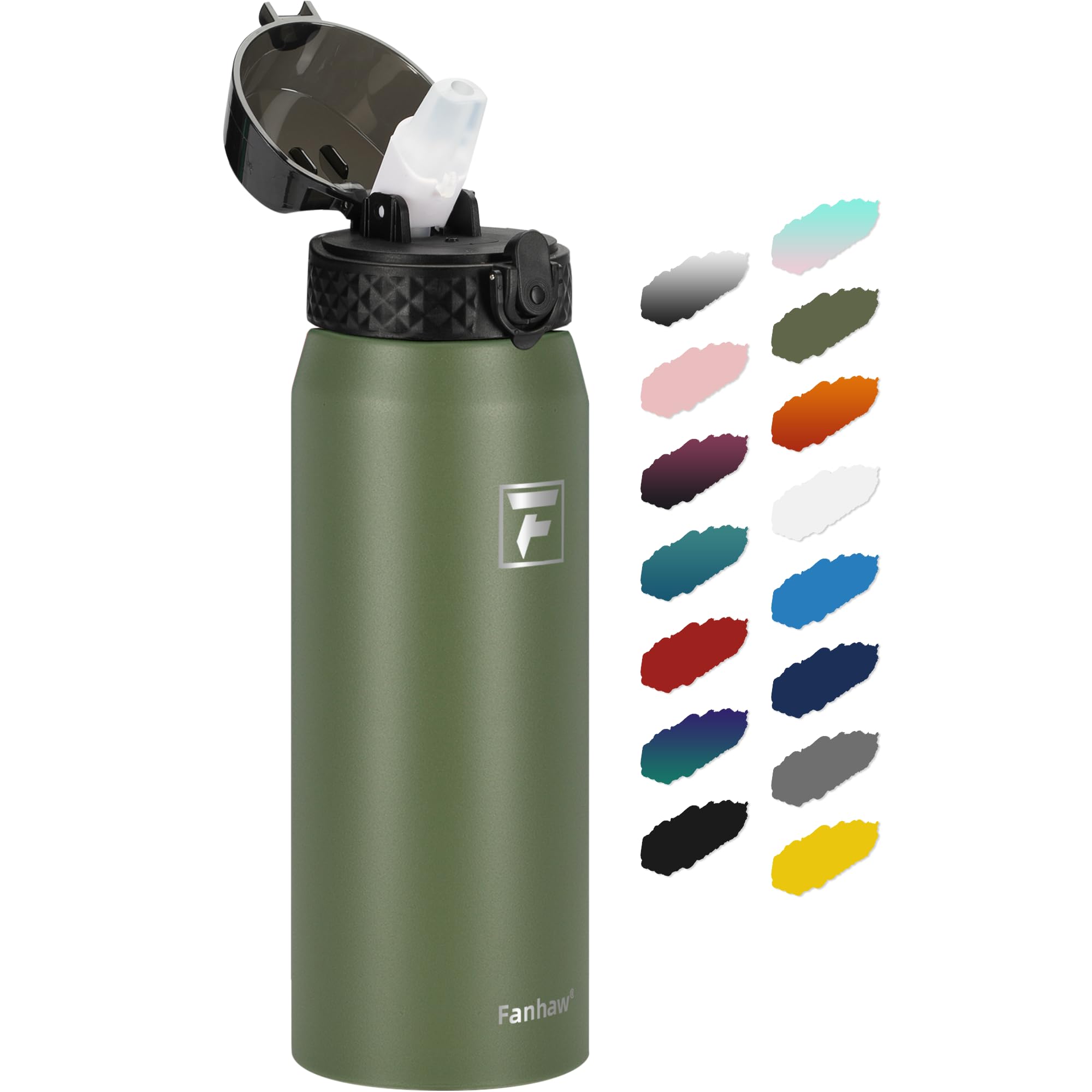 Fanhaw 24 oz Insulated Stainless Steel Water Bottle with Straw Lid, Leakproof & Anti-Dust Sports Bottle for Kids, Women & Men (O