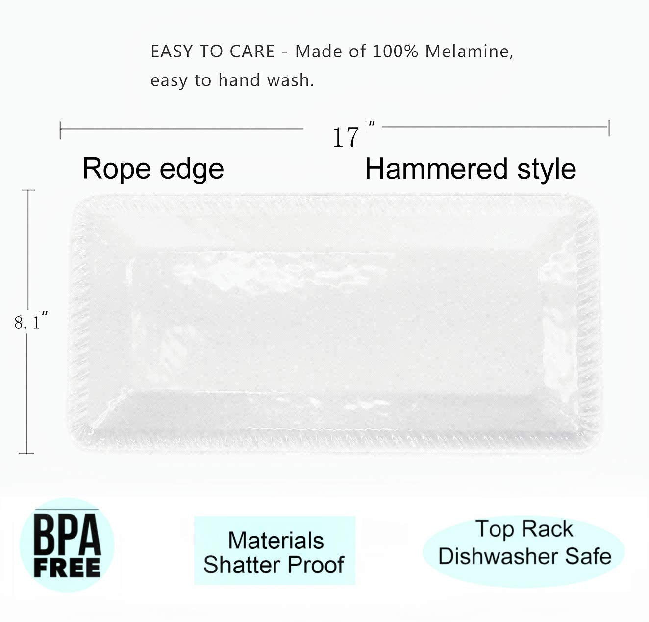 Kx-Ware 17-Inch Melamine Serving Tray/Platters Set Of 2, White & Rectangular | 100% Melamine,Dishwasher Safe,Bpa Free