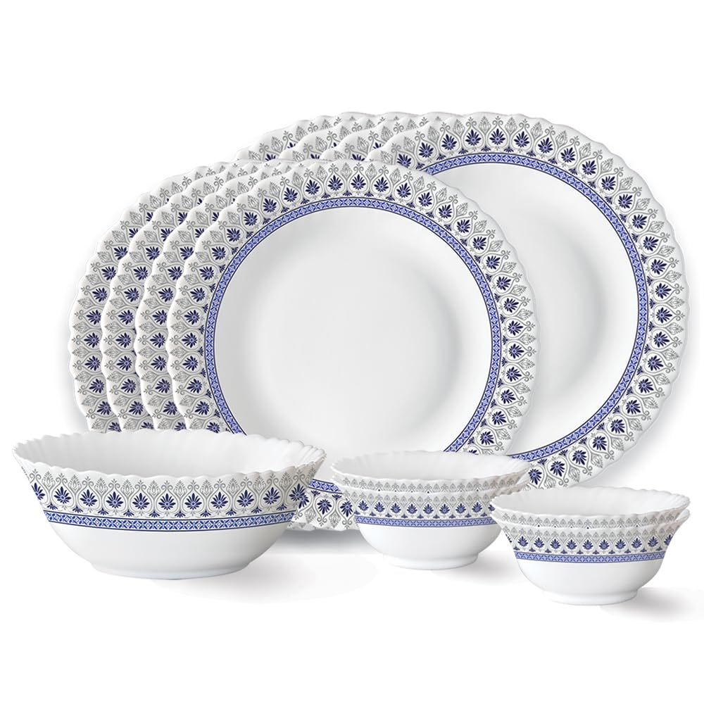 Larah By Borosil Ocean Fluted Series Opalware Dinner Set | 13 Pieces For Family Of 4 | Microwave & Dishwasher Safe | BoneAsh Fr
