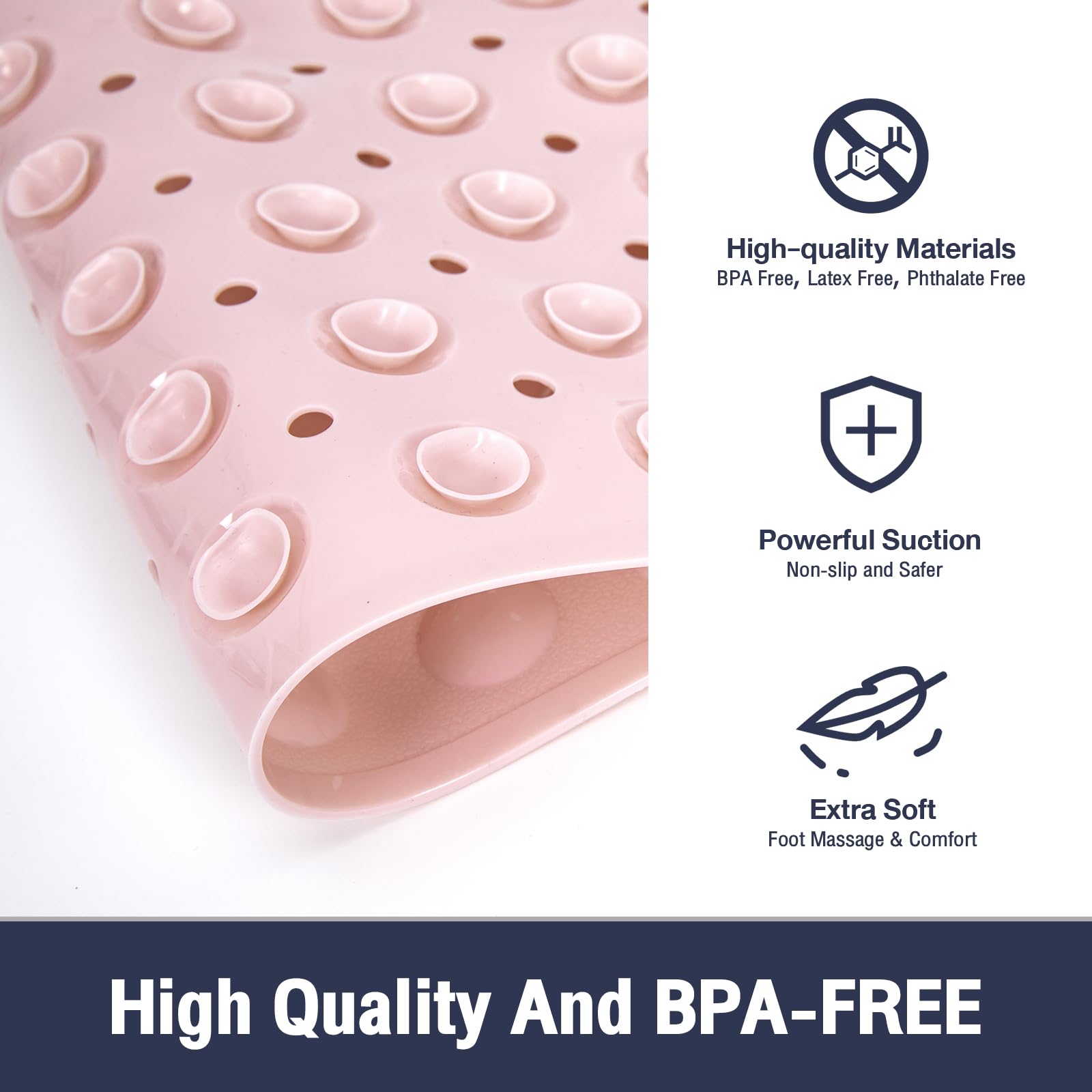 Naoloture Extra Long Pink Bathtub Mat Non Slip, Soft Bath Mat For Tub 40 X 16 Inch Full Size, Bath Tub Shower Mats For Bathroom