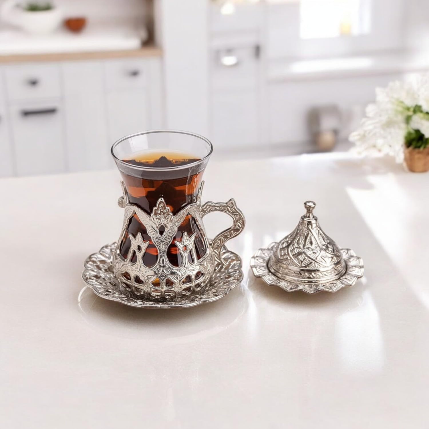 Alisveristime (Set Of 6 Handmade Turkish Tea Water Zamzam Serving Set Glasses Saucer (Silver)