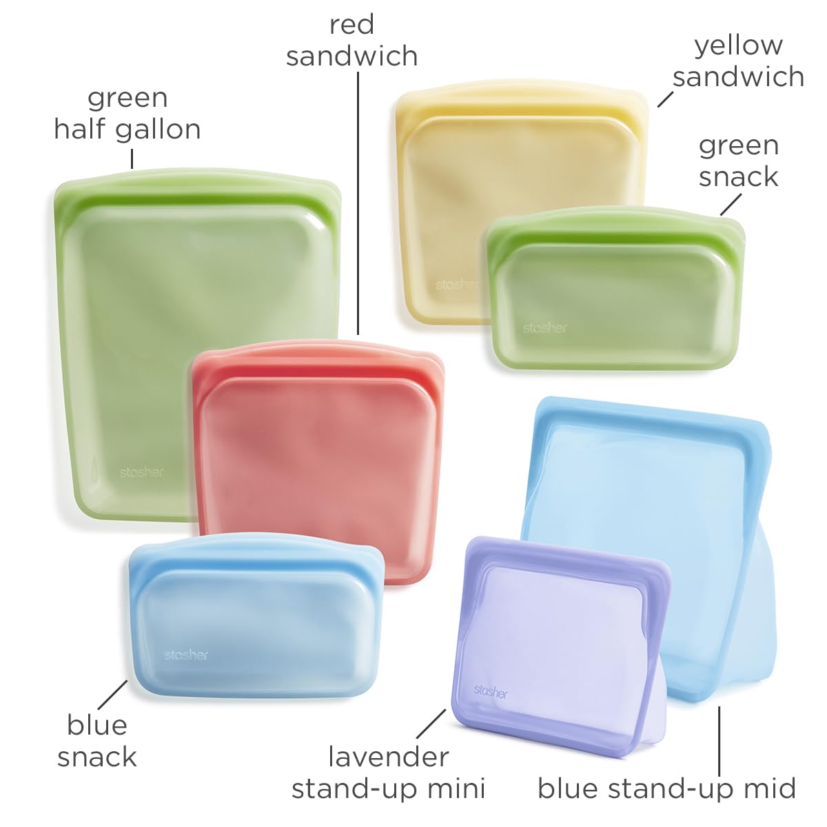 Stasher Premium Silicone Reusable Food Storage Bags, 7-Pack, Rainbow | Multi-Use Food Storage Bags, Lunch Bag, Travel Containers