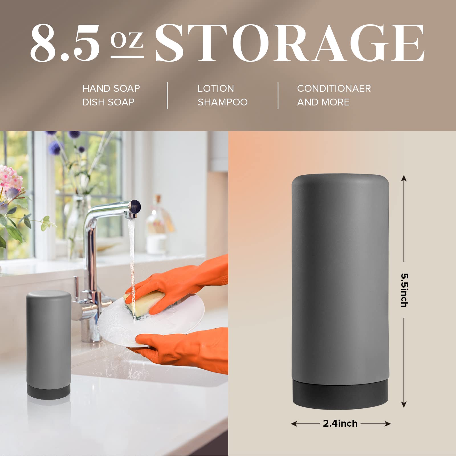 Elmridge Dish Soap Silicone Dispenser For Kitchen Sink,Squeeze Washing Up Liquid And Hand Soap,Round Refillable Silicone Bottles