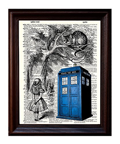Dictionary Art Print - Tardis, Alice, And Cheshire Cat - Printed On Recycled Vintage Dictionary Paper - 8.5''X11'' - Mixed Media