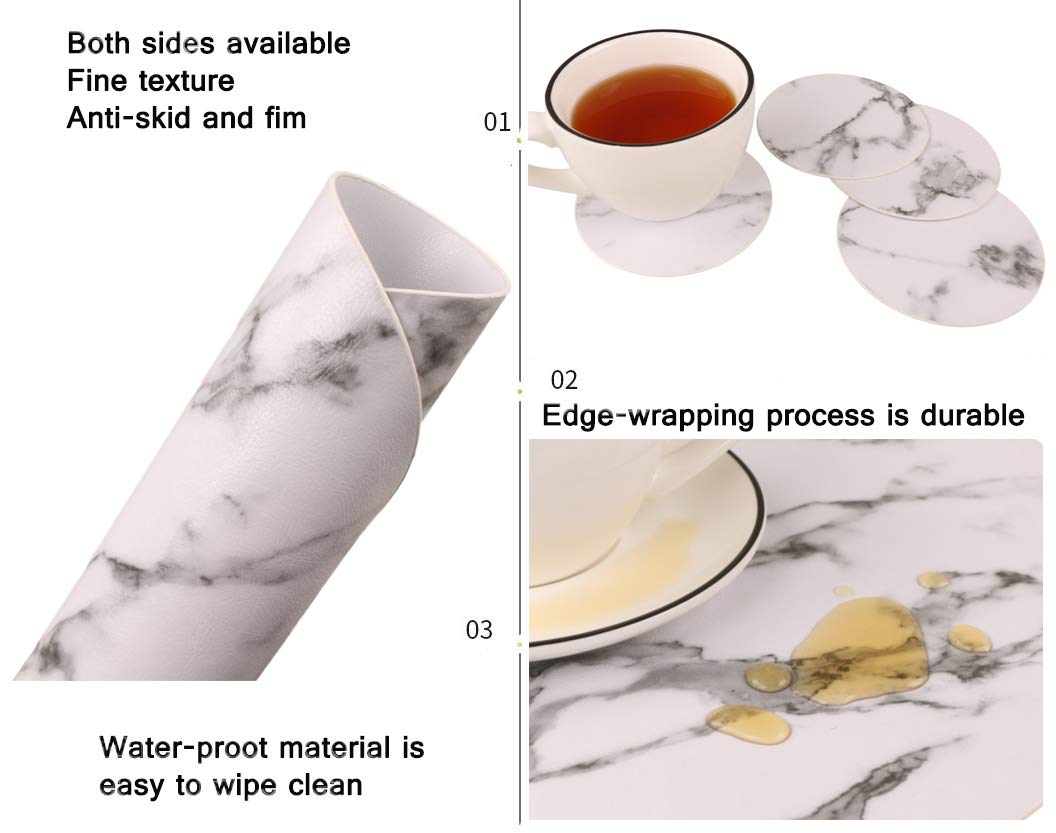 Set Of 8 Marble Round Placemats And Coasters, Faux Leather Waterproof Table Mats, Easy To Wipe Off For Kitchen Dining Round Tabl