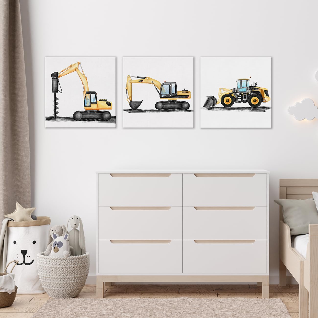 Set Of 3 Construction Truck Nursery Canvas Wall Art Framed Paintings Prints Watercolor Digger Dump Truck Vehicle Art Canvas Wall