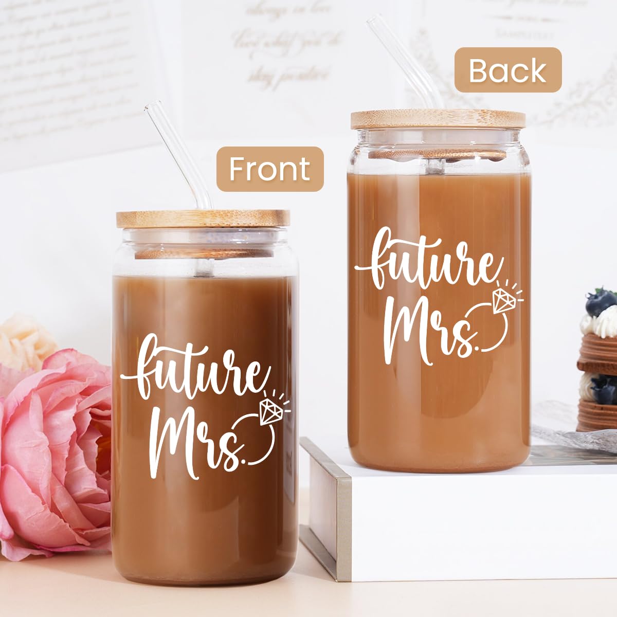 SANDJEST Future Mrs Glass Coffee Cup 16 Oz with Bamboo Lid and Straw - Bridal Shower Gift - Engagement & Bachelorette Gifts for