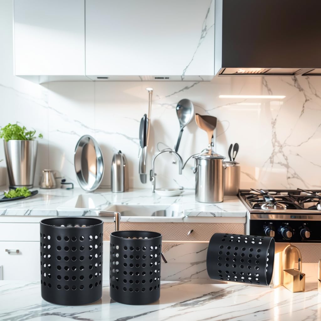 Ksendalo Round Black Metal Utensil Holder Set Of 3 - Caddy & Organizer For Drying Cooking Spoons, Spatulas, And Silverware - Ess