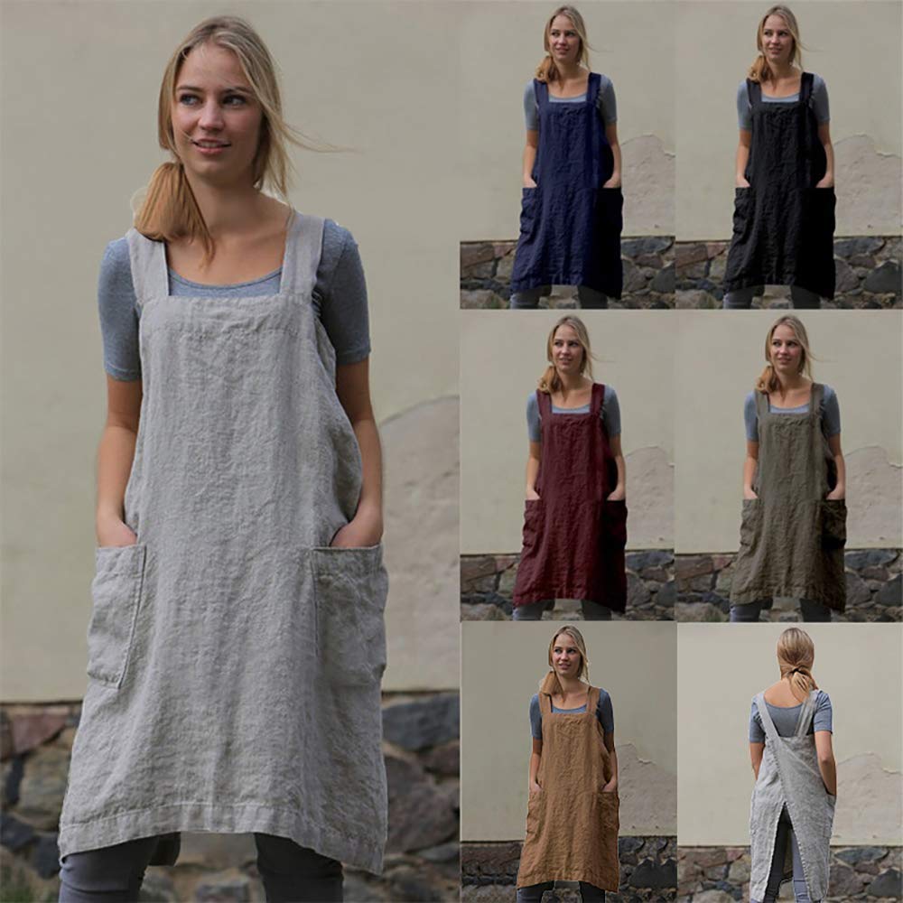 Womenas Pinafore Square Apron Baking Cooking Gardening Works Cross Back Cottonlinen Blend Dress With 2 Pockets