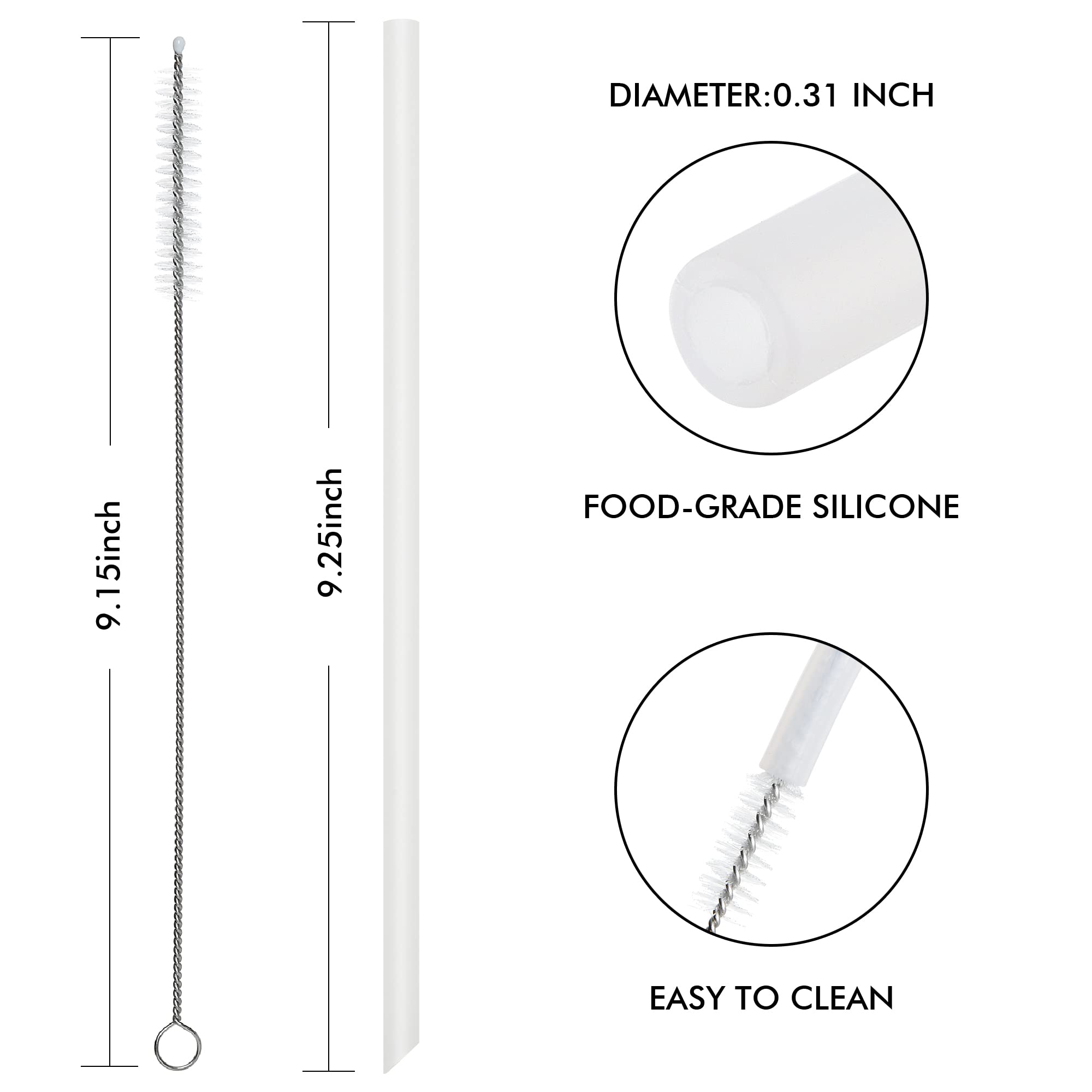 Reusable Silicone Drinking Straws, 8 Pcs Long Straight Flexible Clear Straws With 2 Cleaning Brushes For 20 Oz Rtic/Ozark/Stanle