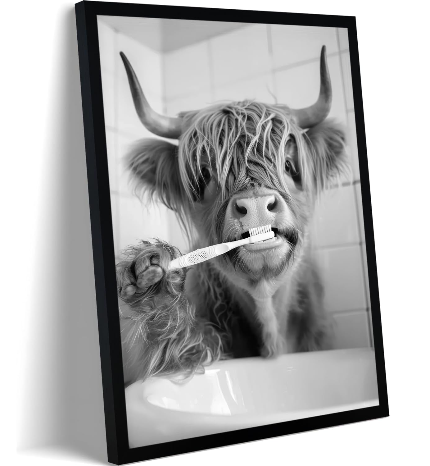 Fyldpsb Highland Cow Framed Canvas Wall Art Funny Animals Bathroom Wall Decor Highland Cow Brushing Teeth Painting Pictures Blac