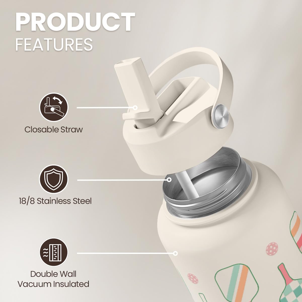 SANDJEST Pickleball Water Bottle 32oz Stainless Steel Insulated Vaccum with Lid, Pickleball Gifts for Pickleball Players, Pickle