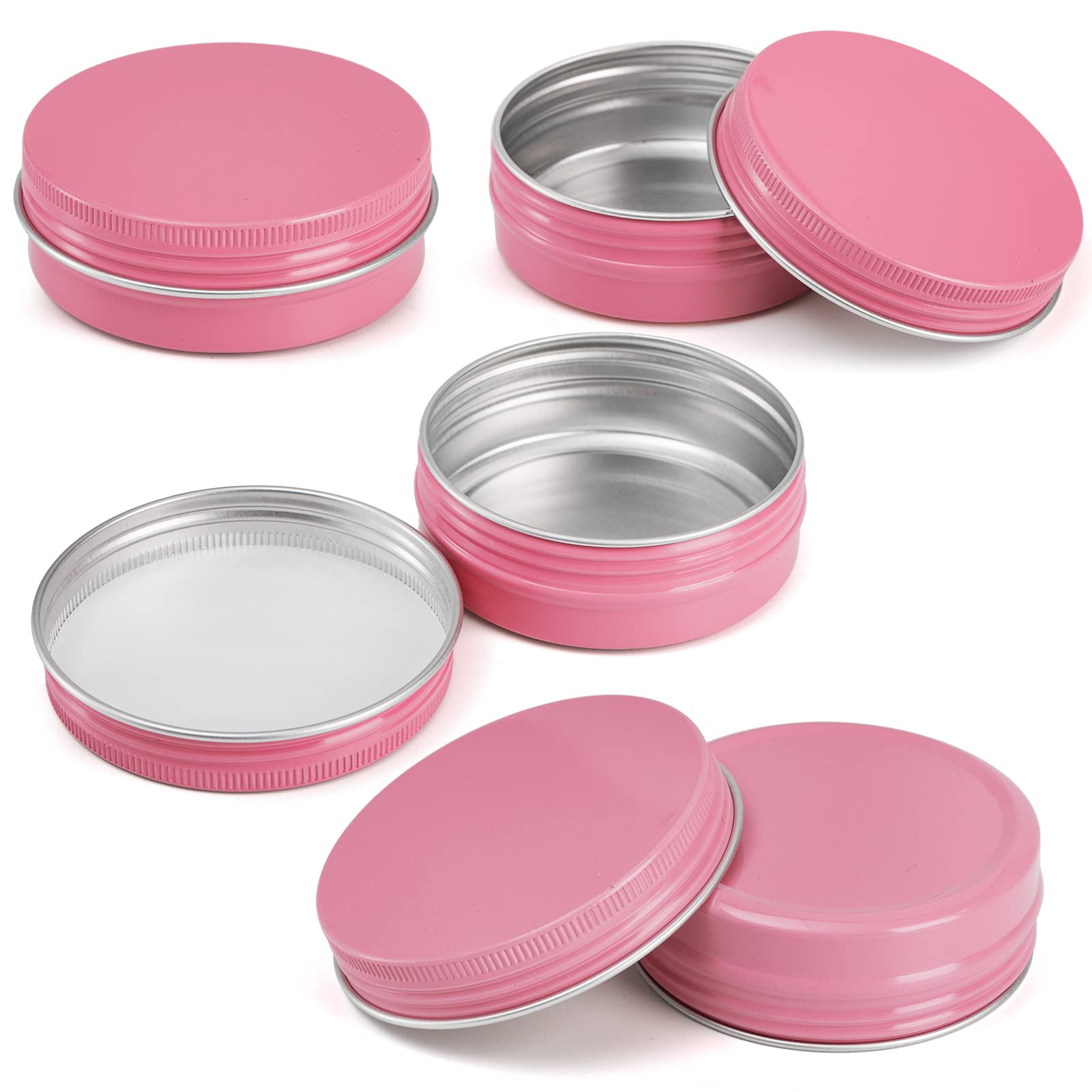Foraineam 48 Pack 2 Oz Screw Top Round Tin Cans With White Labels, Pink Aluminum Cosmetic Sample Containers, Metal Empty Tins Tr