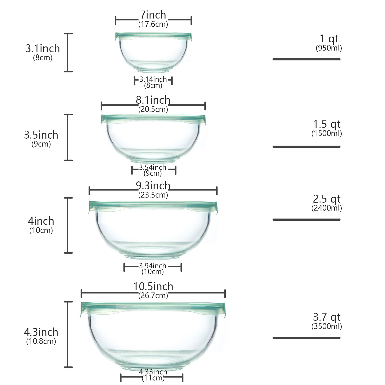 Luvan Glass Mixing Bowl With Airtight Lids, (1Qt, 1.5Qt, 2.5Qt, 3.7Qt), 8-Piece Kitchen Salad Bowls Clear Nesting Big Cooking Bo