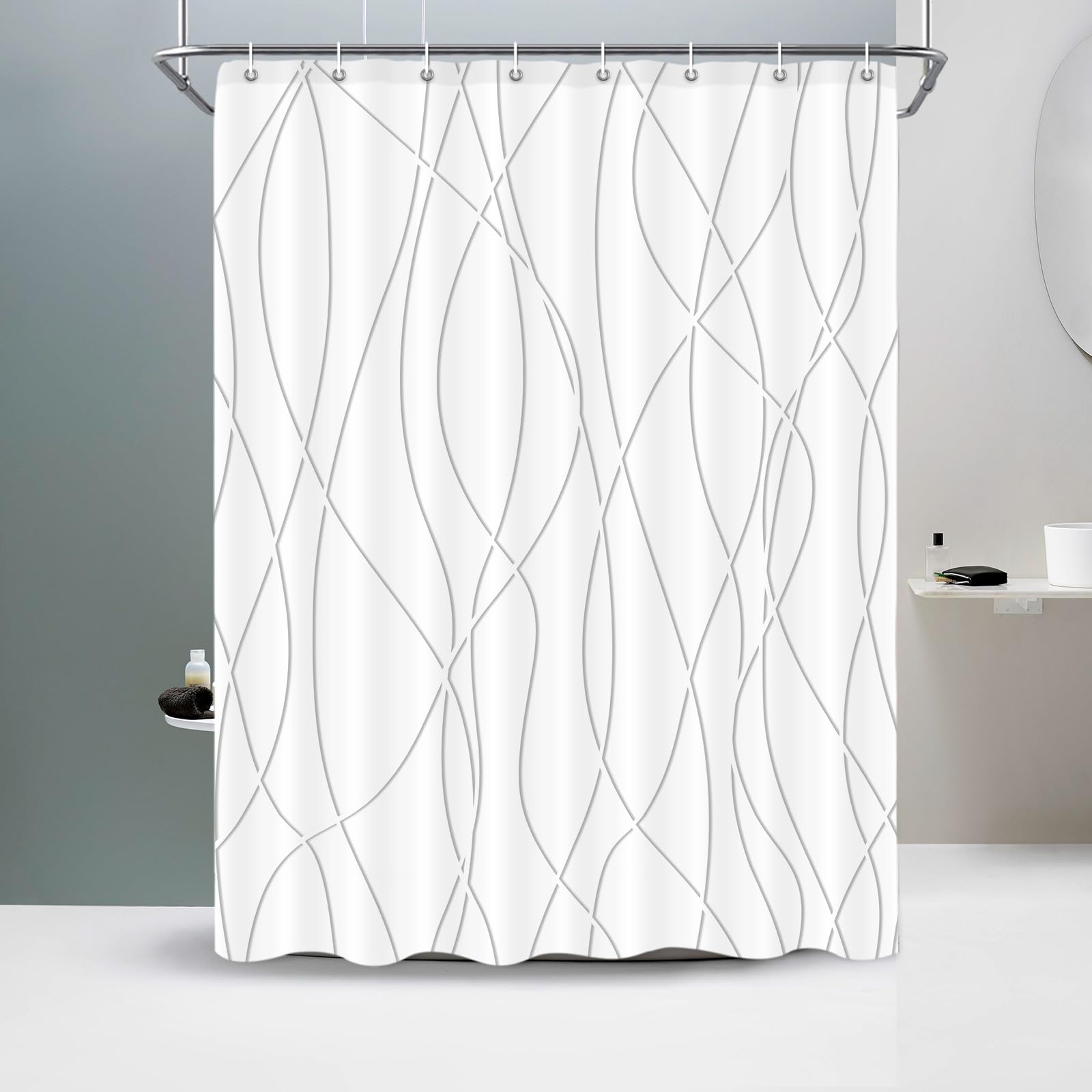 Punkray Grey Shadow Shower Curtain for Bathroom with Hooks, Shower Curtain Set Stripe Bath Curtains Decor White Shower Curtains 