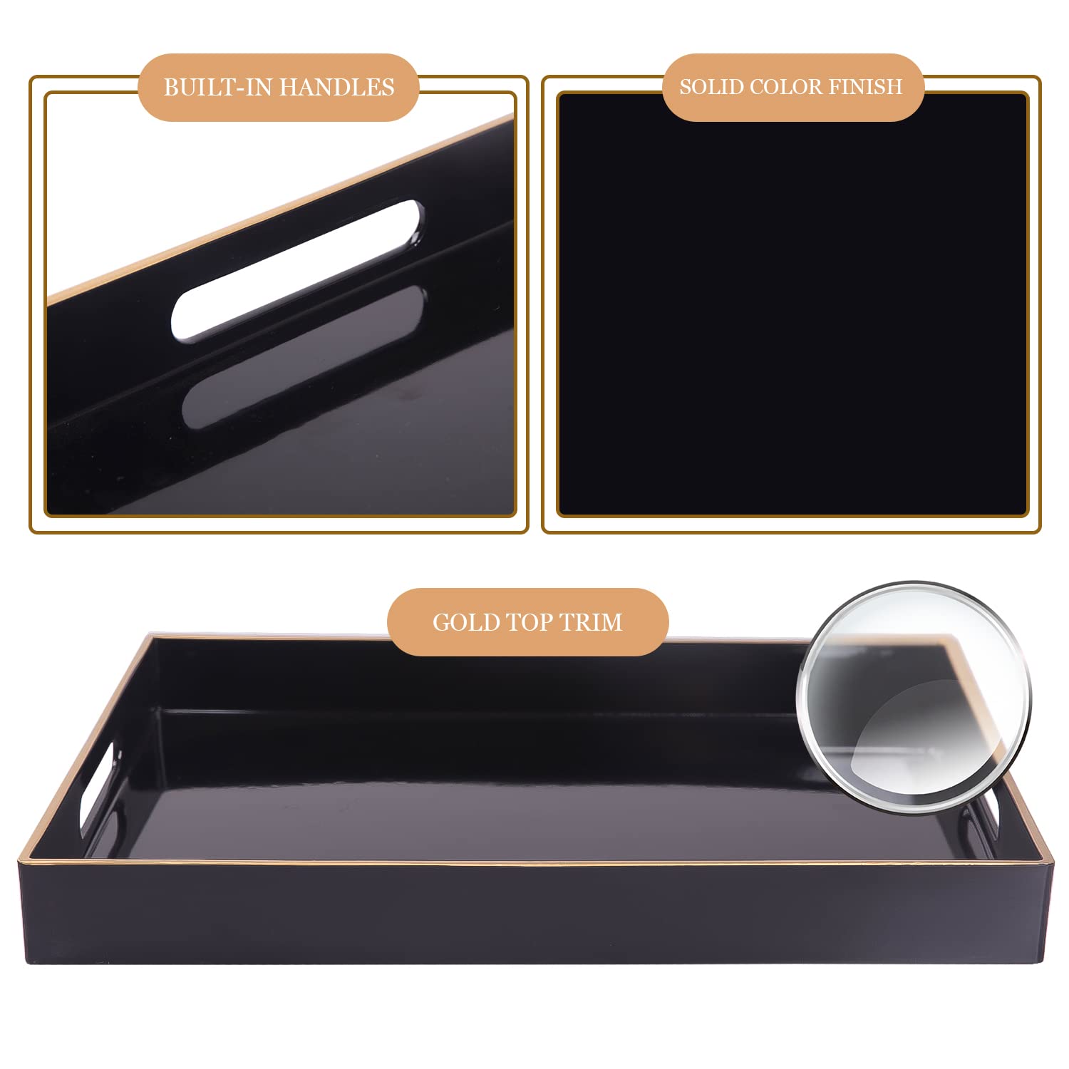 Maoname Black Serving Tray With Handles, Rectangular Decorative Tray, Modern Coffee Table Tray, Plastic Ottoman Tray For Bathroo