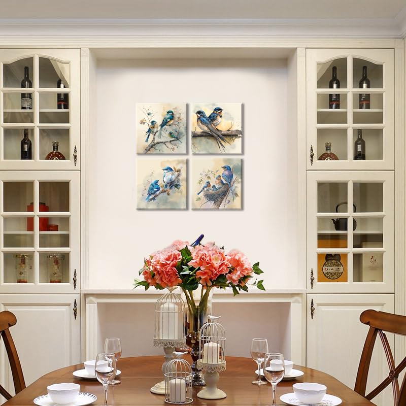 Lasdel Blue Bird Stretched Canvas Wall Art For Bathoom Bedroom Home Decoration, Beautiful Lively Animal Family Picture Print Art