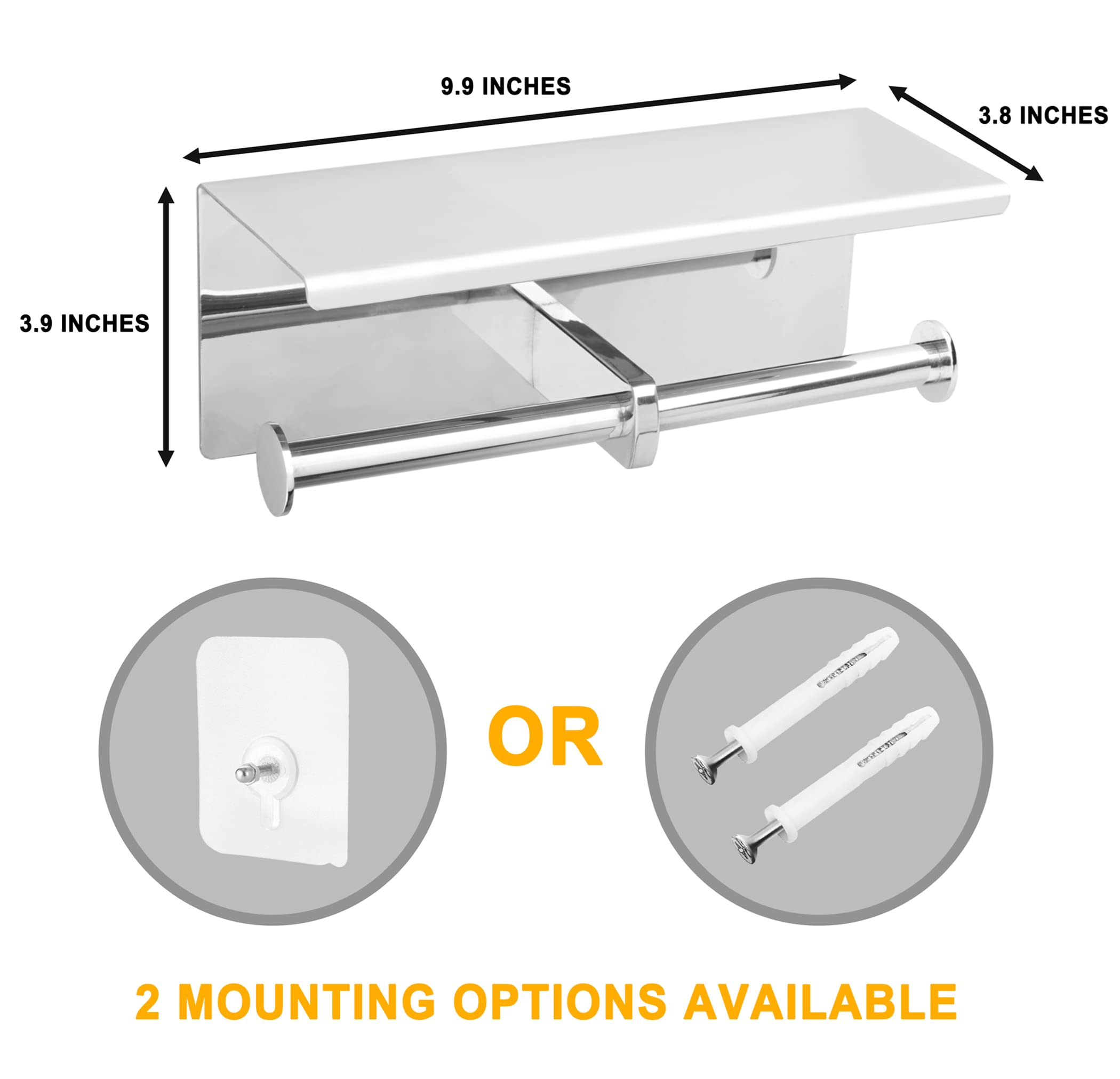YEAVS Double Toilet Paper Holder-SUS 304 Stainless Steel Tissue Roll Rack with Phone Storage Shelf (Polished Chrome)