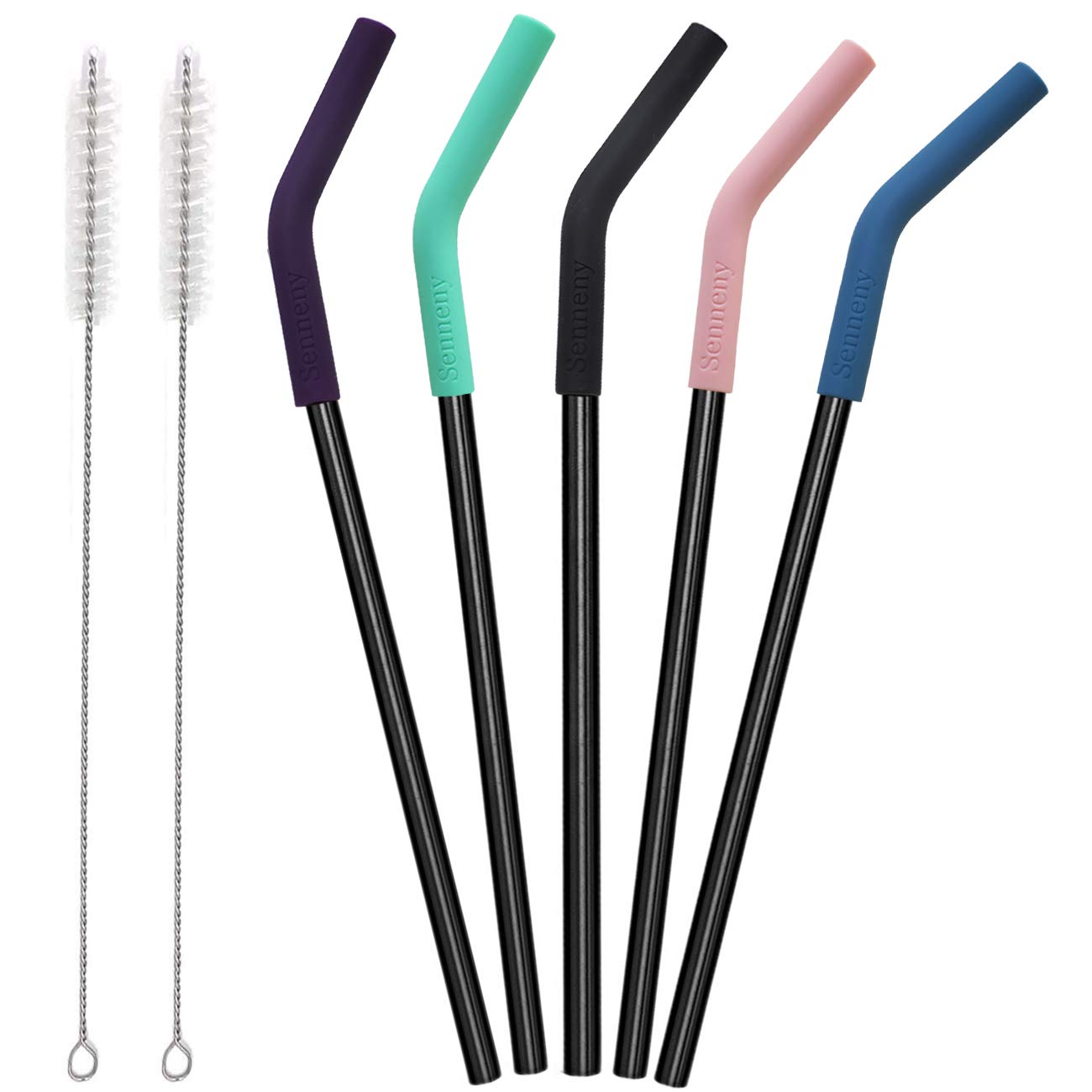 Senneny Set Of 5 Stainless Steel Straws With Silicone Flex Tips Elbows Cover, 2 Cleaning Brushes And 1 Portable Bag Included (Bl