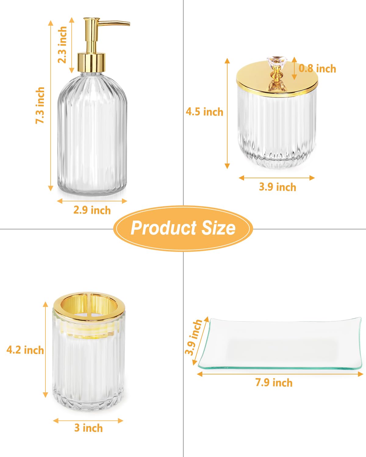 Gold Bathroom Accessories Set, 4Pcs Clear Glass Bathroom Accessory Sets Complete Of Soap Dispenser, Toothbrush Holder, Apothecar