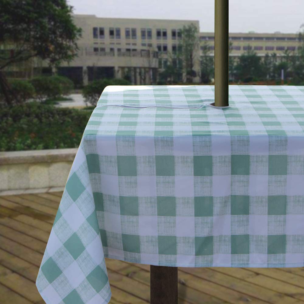 Melaluxe Spring/Summer Wrinkle-Free Waterproof Outdoor Tablecloth with Umbrella Hole and Zipper, Green Checkered, 60 Inch Square