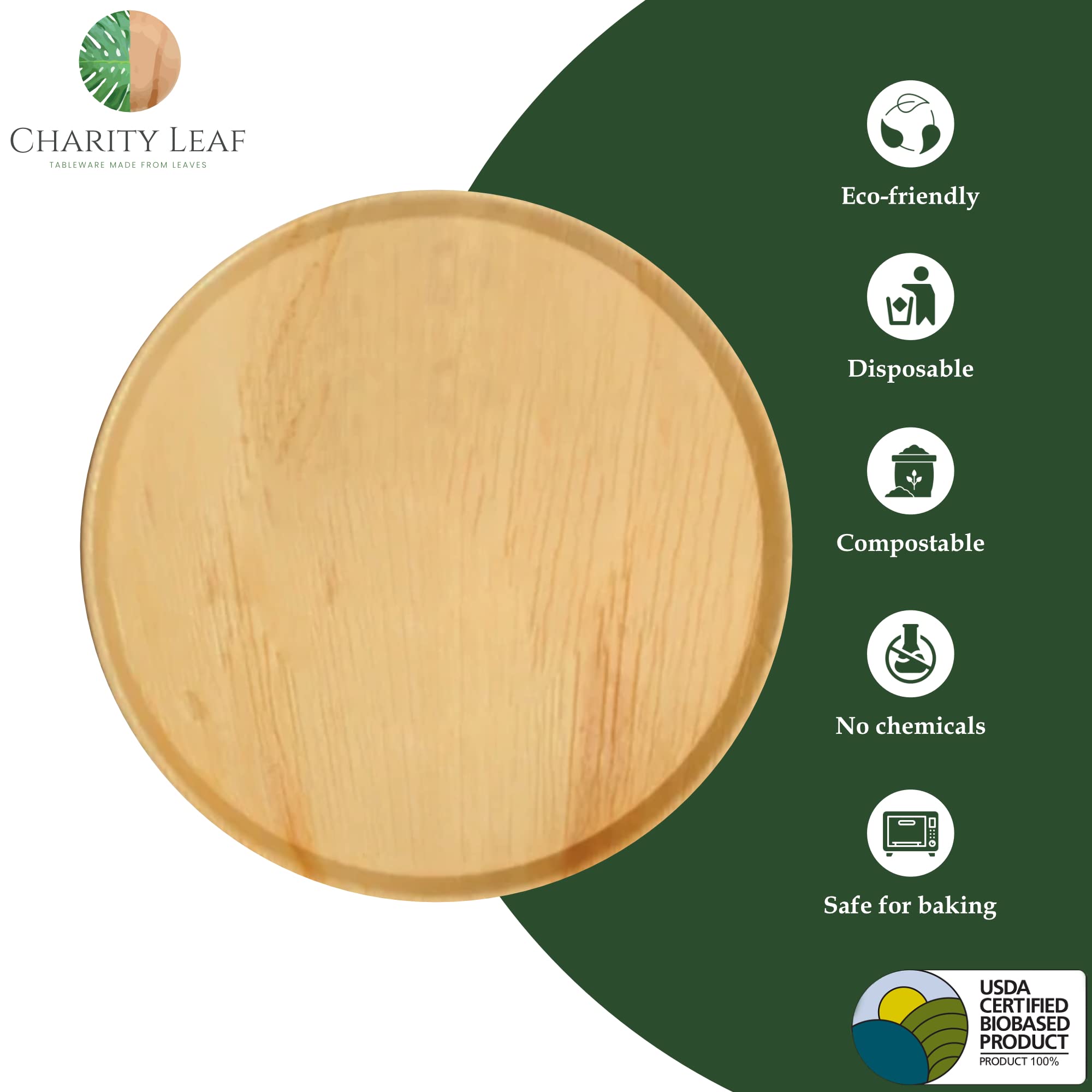 Charity Leaf Disposable Palm Leaf 13'' Round Flat Trays (10 Pieces) Bamboo Like Serving Platters, Disposable Boards, Eco-Friendl