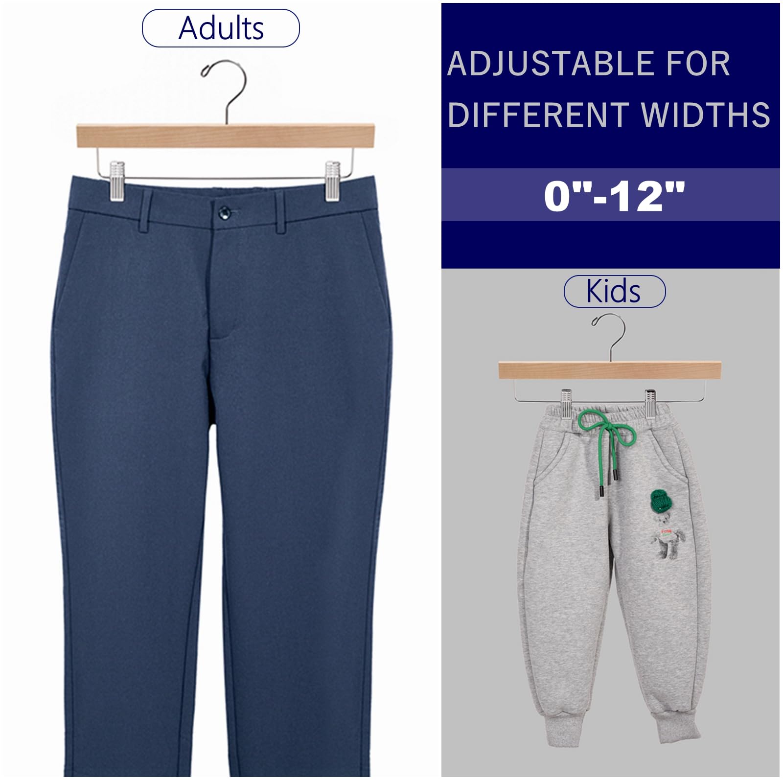 Amber Home 24 Pack Natural Wooden Pants Hangers With Clips, Wood Skirt Hangers Trouser Hangers For Jeans, Slacks, Shorts With 2-