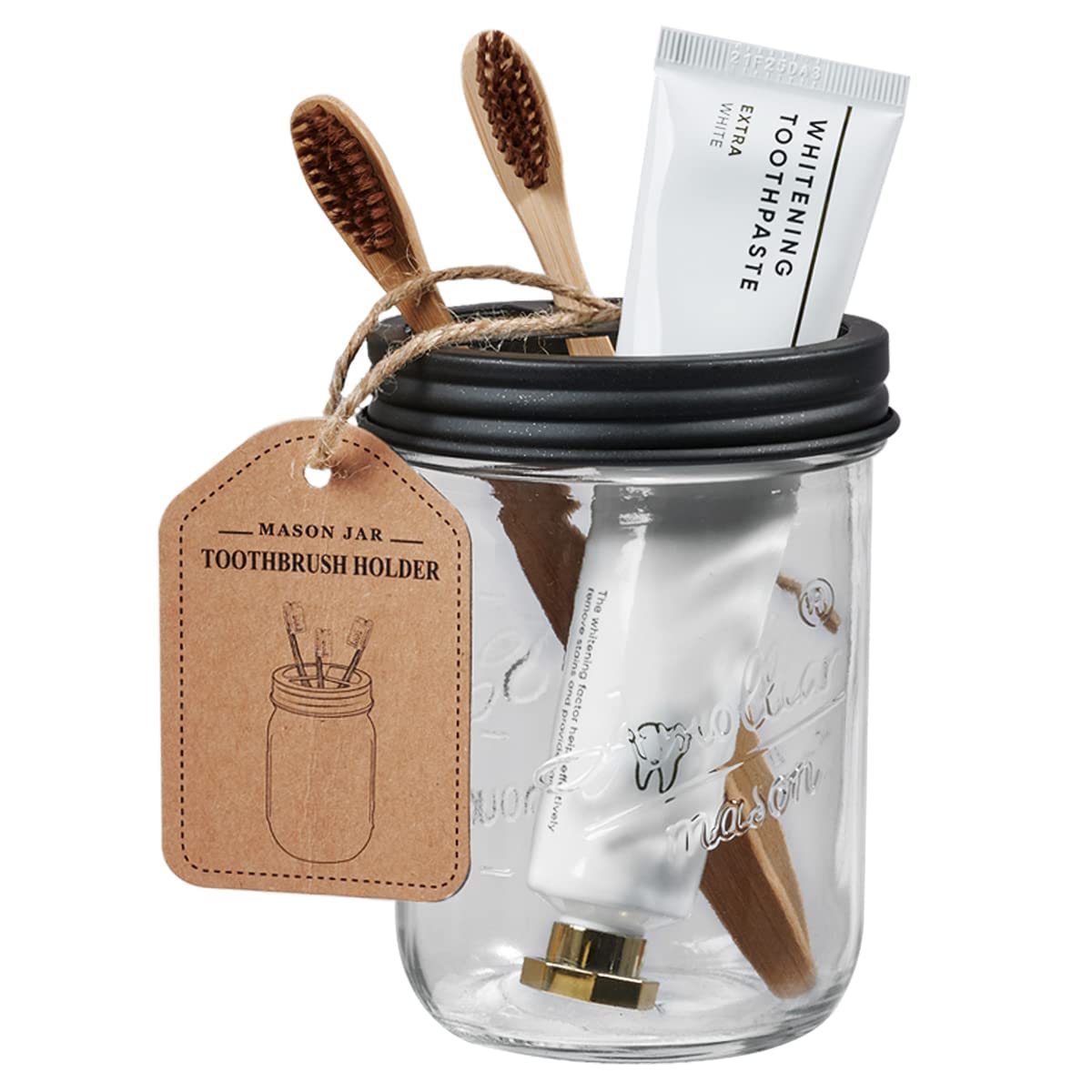 Amolliar Mason Jar Bathroom Accessories Set 4 Pcs -Lotion Soap Dispenser & 2 Cotton Swab Holders & Toothbrush Holder - Rustic Fa