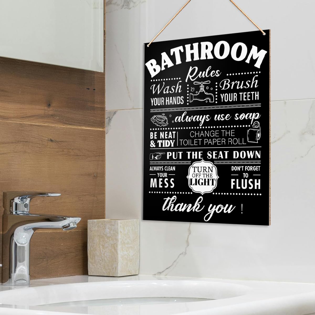 UDNADKEX Bathroom Rules Wall Hanging Decor, Wash Your Hands, Toilet Powder Room Restroom Decor Guest Bathroom Black Wooden Signs