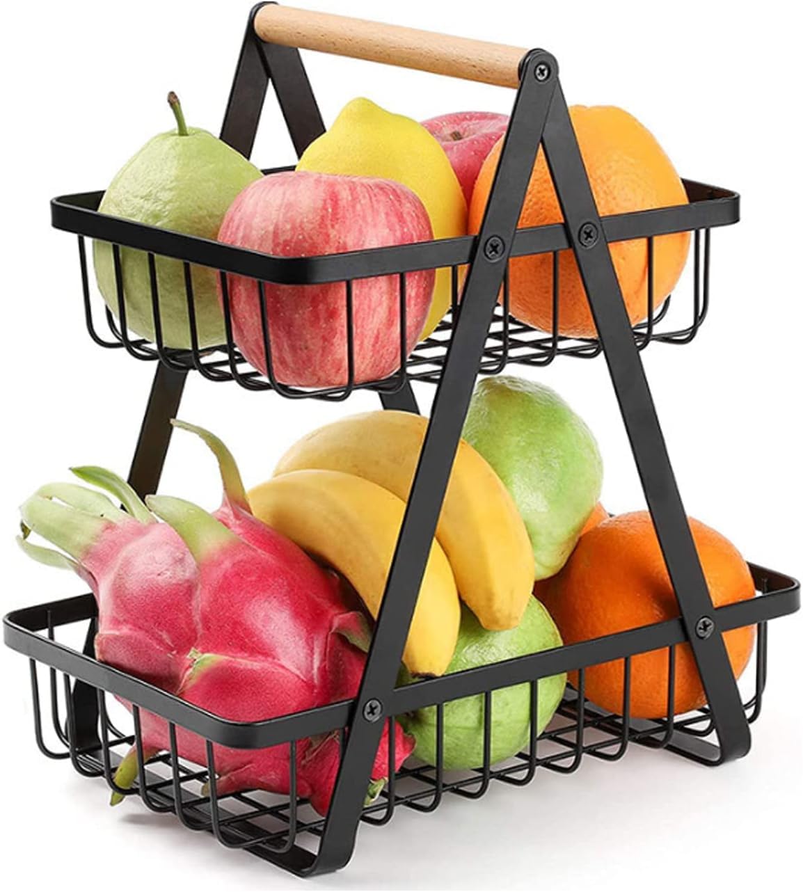 Tgopit 2 Tier Fruit Basket, Black Countertop Metal Fruit Basket, Bread Basket Fruit Bowl Detachable Metal Fruit Holder For Fruit