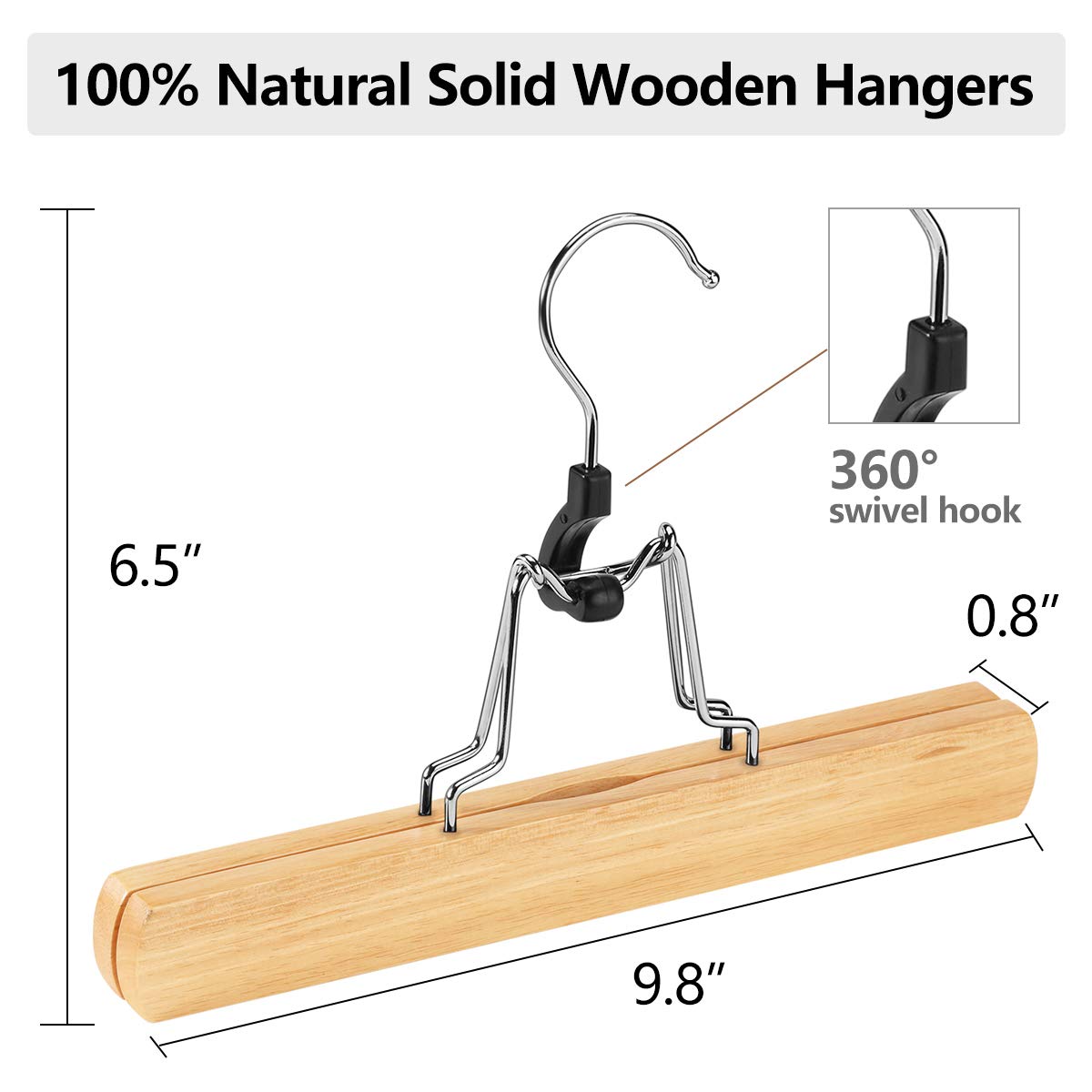 Amkufo 12 Pack Natural Wooden Pants Hangers With Clips Non Slip Skirt Hangers Trouser Clamp Hanger Solid Wood Hanger With 360 Sw