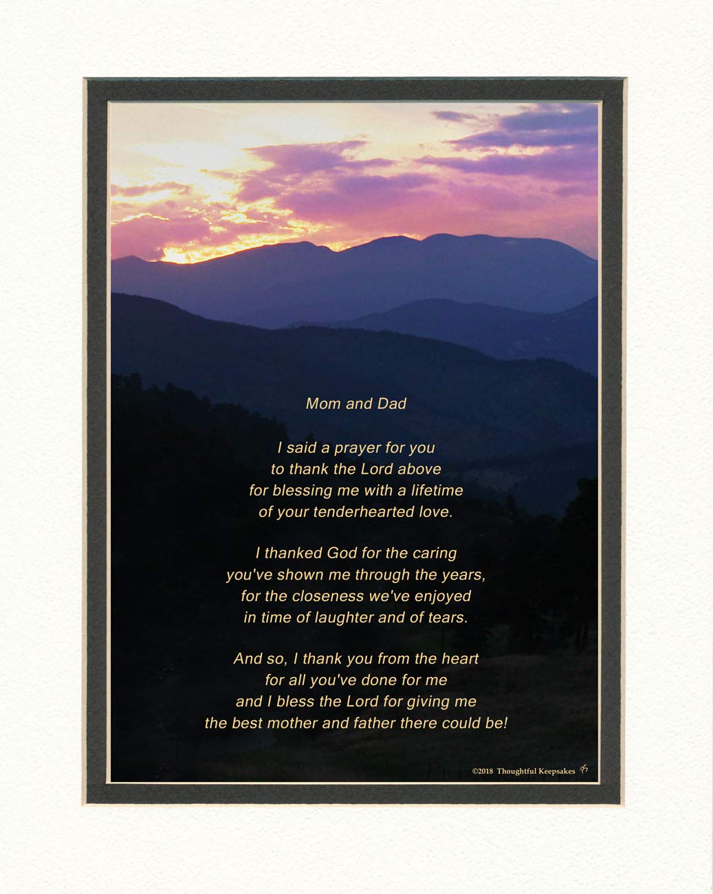 Dad And Mom Gift For Your Parents With Thank You Prayer Poem. Mt Photo, 8X10 Double Matted. Father And Mother - Parents Gift For