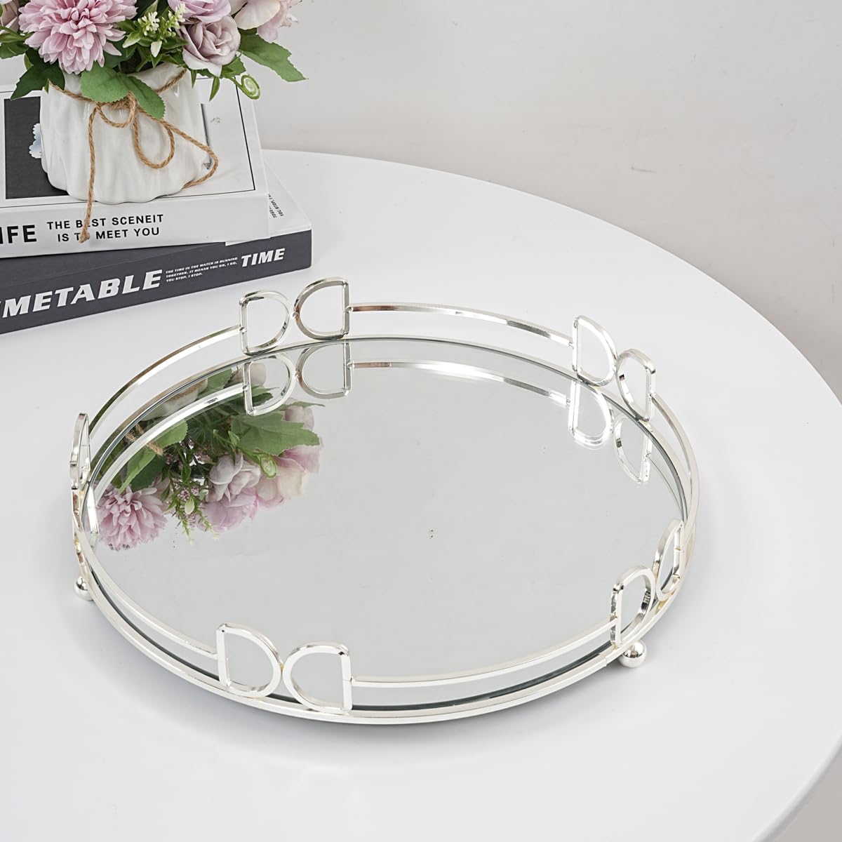 Mirror Vanity Tray Round Metal Makeup Tray Cosmetic Perfume Tray For Dresser Bathroom Bedroom Countertop Organizer Tray (Silver