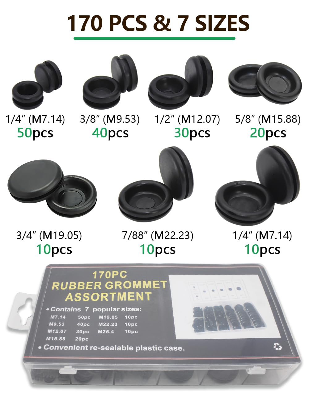 EASYEAH Rubber Grommet Kit - 170 PCS Electrical Wire Gasket Set, Black, Assorted Sizes 1/4" to 1" for Firewall Hole Plugs