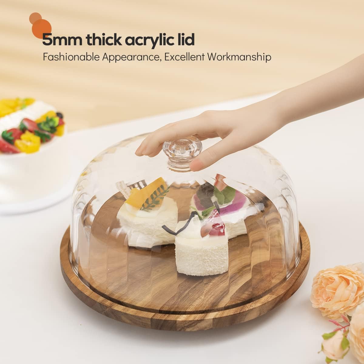 Cutesun Wood Cake Stand With Lid, 11.8'' Rotating Cake Stand With Dome, Shaterproof 10.4'' Acrylic Cake Display Cover, Cake Hold