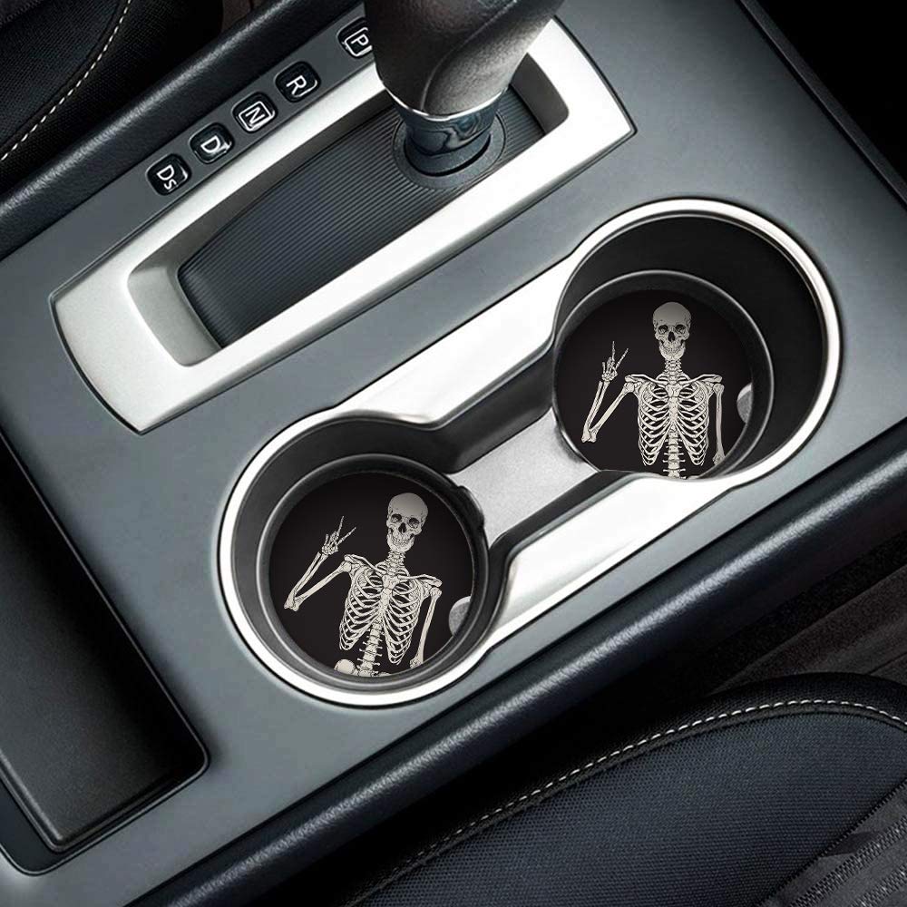 Britimes Absorbent Car Coasters 2 Pack For Cup Holders, 2.56'' Ceramic Stone & Non-Scratch Cork Base Drink Coasters Human Skelet