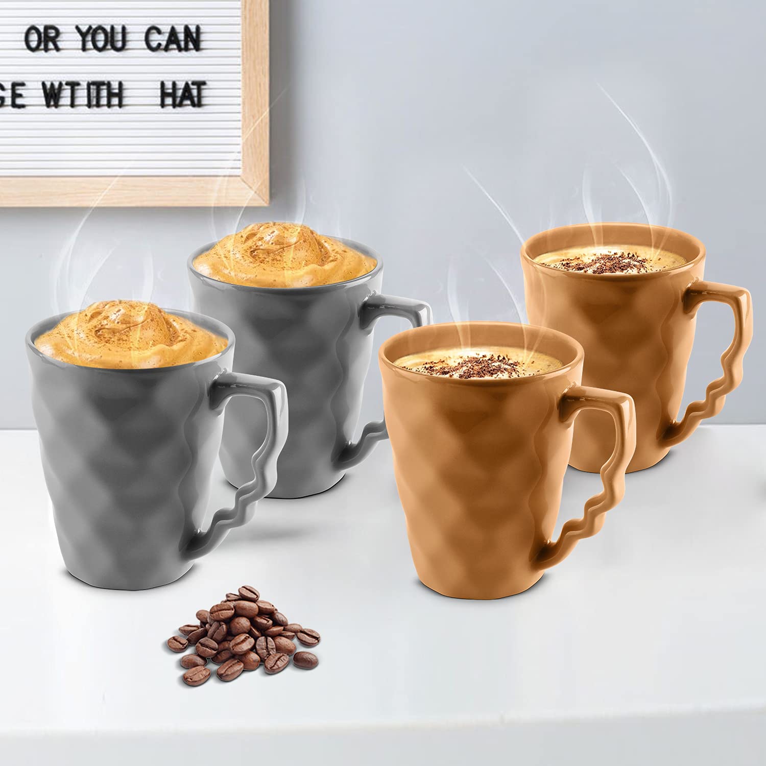 URBAN CHEF Prism Ceramic Handcrafted Shine Grey & Mustard - Microwave Safe Coffee/Milk Mug with Handle Ideal Best for Self Use O