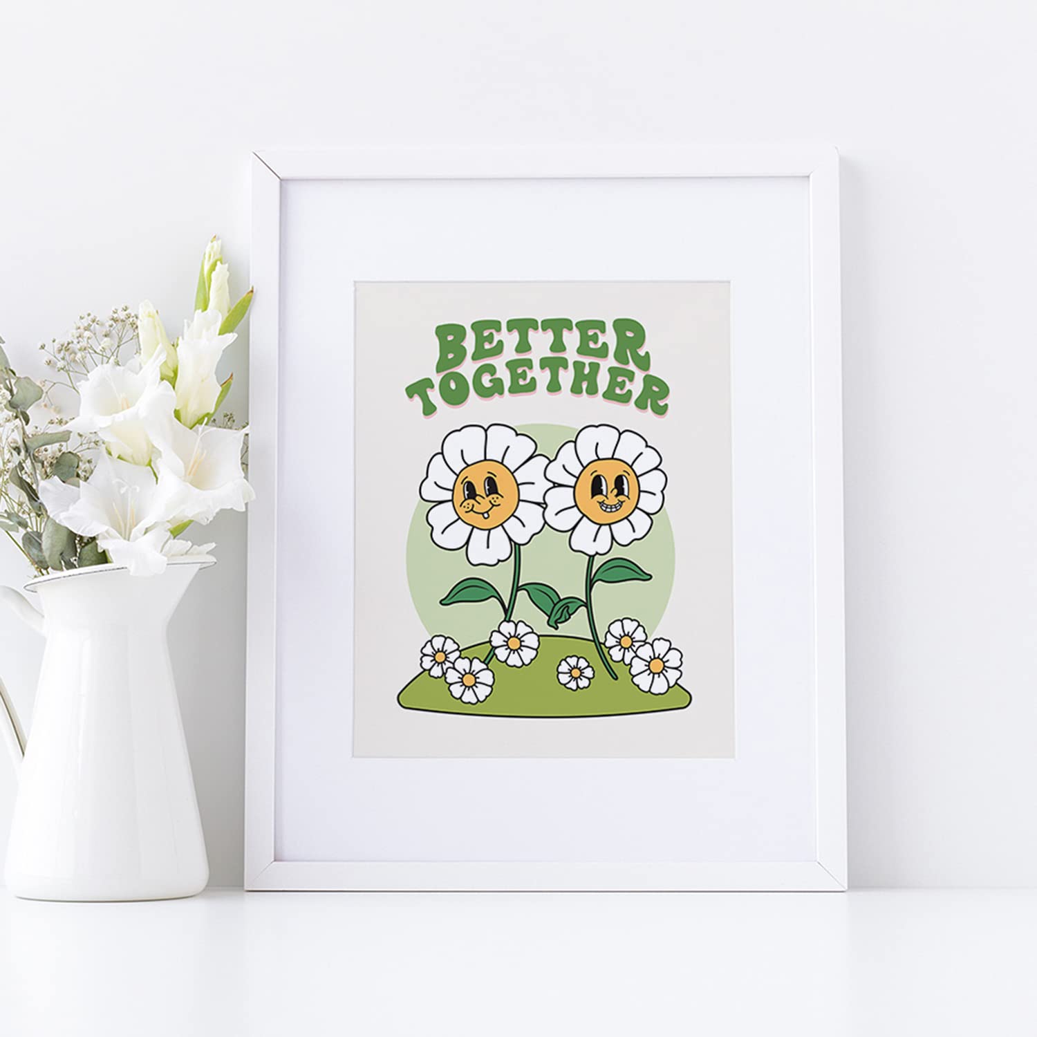 Retro Flower Poster Print, Cute Room Decor, Positive Message Better Together Wall Art, Hippie Wall Decor Poster