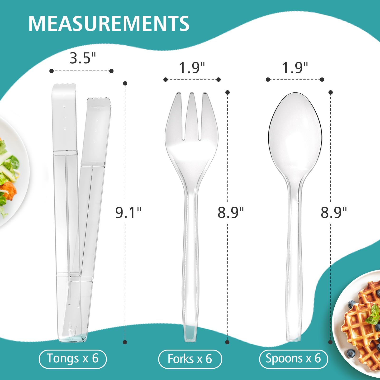 Plastic Serving Utensils, 9'' Clear Disposable Utensils 18 Pack, 6 Serving Tongs, Spoons, Forks