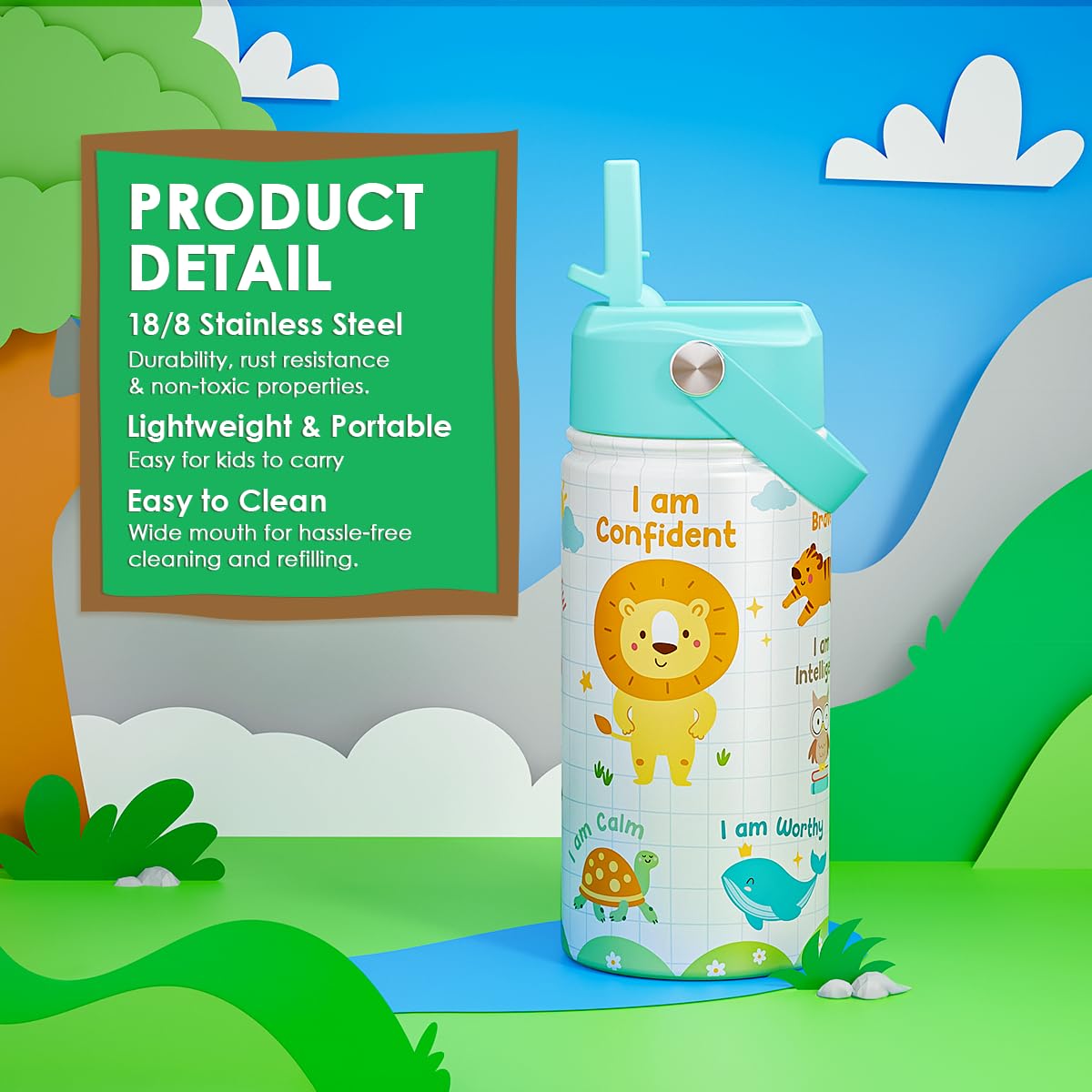 Animal Water Bottle 12oz for Kid Stainless Steel with Straw Lid, Kids Water Bottle, Travel Tumbler, Inspiration Gifts for Girls